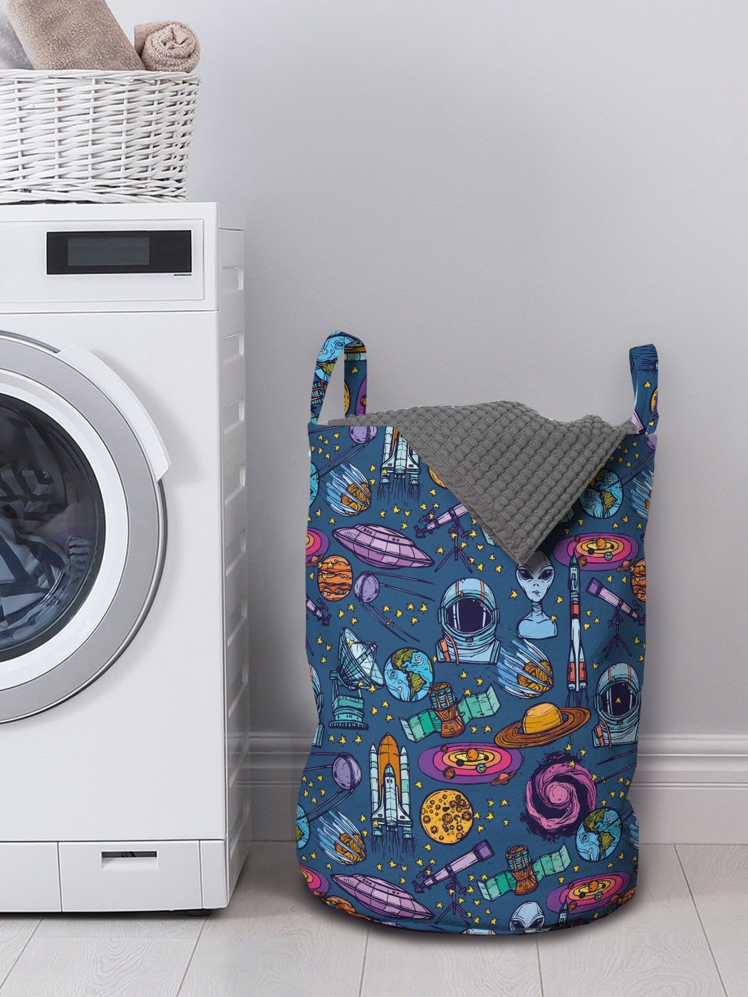 Weltraum Astronaut Wäschekorb Waschsalons, mit Griffen Kordelzugverschluss Hand Wäschesäckchen Abakuhaus für gezeichnet