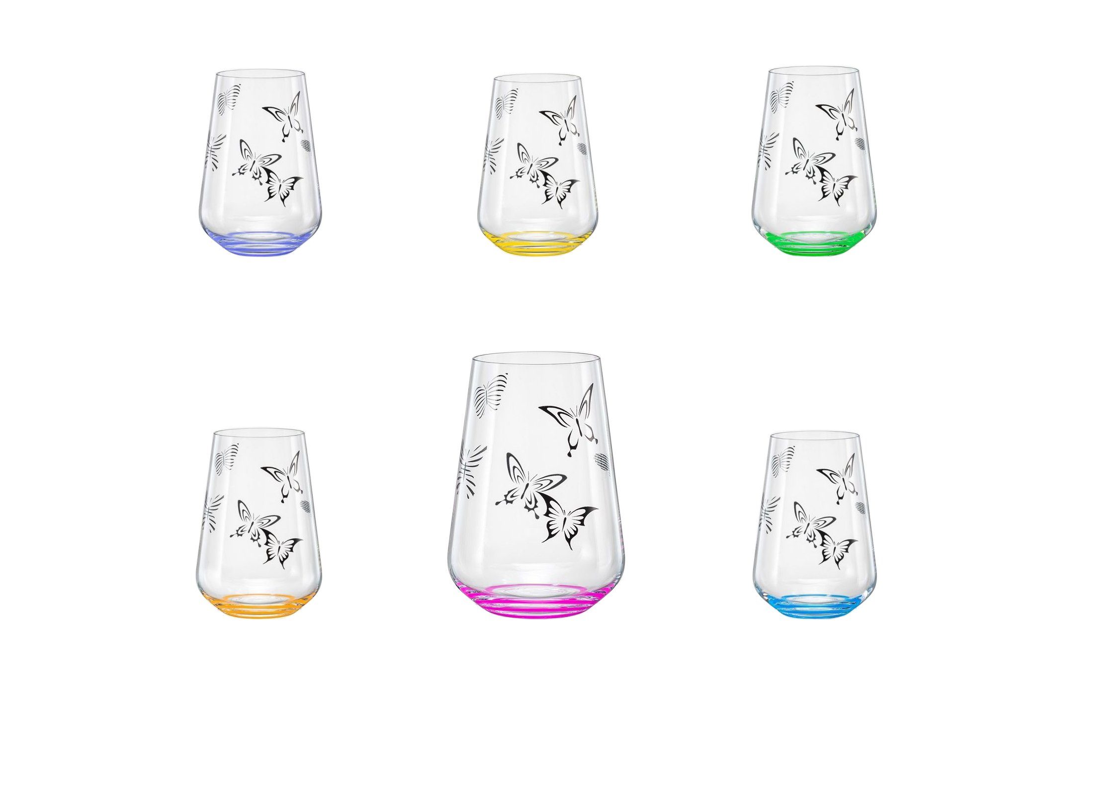 Crystalex Longdrinkglas Butterfly Longdrink 380 ml 6er Set, Kristallglas, Kristallglas, mehrfarbig handbemalt, Schmetterlinge Aufdruck