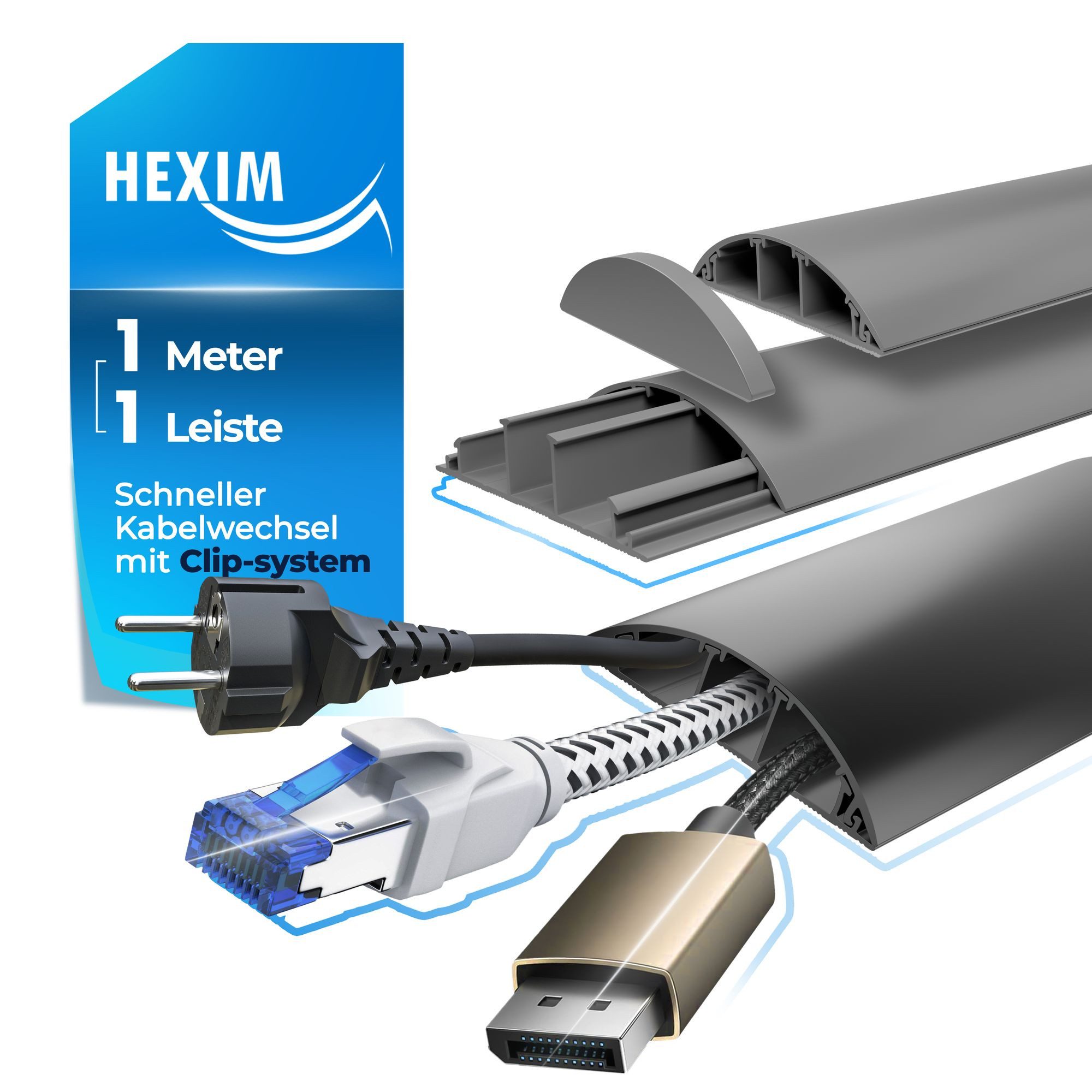 Hexim Kabelkanal (1 Meter (1 Leiste) 68x18mm grau PVC Kunststoff halbrunde Kabelabdeckung extra breit - für Wand Boden & Decke TV Kabel LAN Strom Gaming Setup Kabelschutz Kabelschacht)