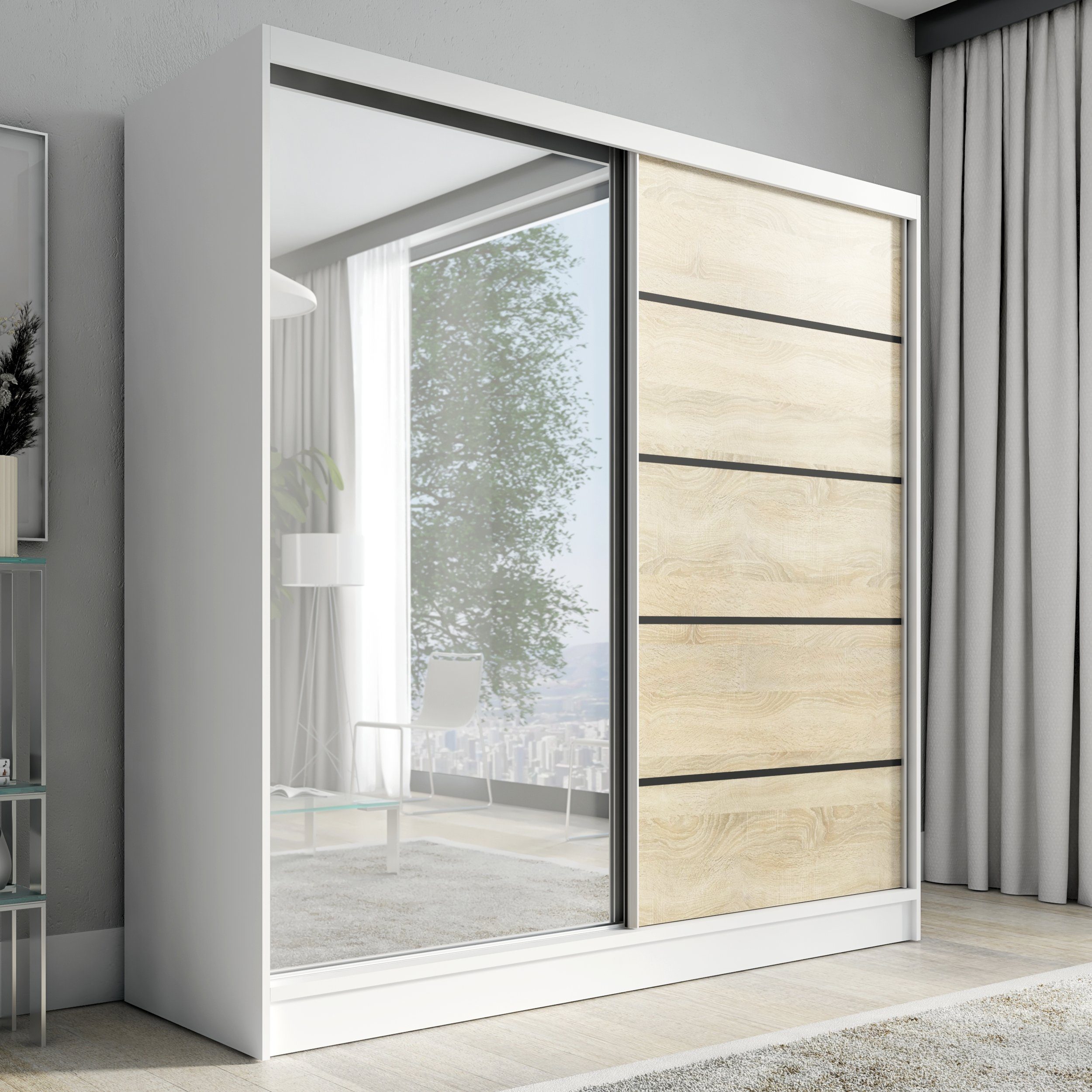 A&J MöbelLand GmbH Schiebetürenschrank KARO 2 2-türiger Kleiderschrank mit Spiegel und Kleiderstangen (TOP ANGEBOT! Geräumiger Schrank mit einer Breite von 200 cm und Spiegel, ideal zur Aufbewahrung von Kleidung und Accessoires. Viel Stauraum., TOP PRODUKT! Wählen Sie das ideale Modell für Ihr Schlafzimmer) Breite: 200 cm, Höhe: 215 cm, Tiefe: 59,5 cm