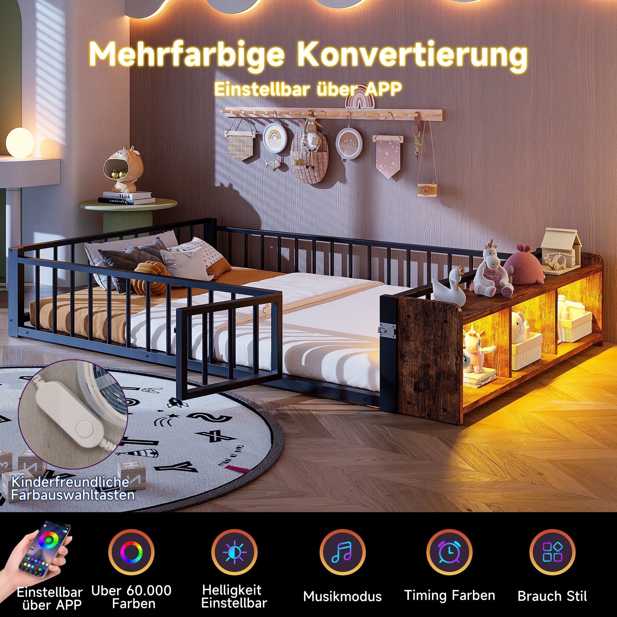 REDOM Kinderbett mit Schutzgeländer und offenem Staufach, Metallbett (stabiler Eisenrahmen, Jugendbett Funktionsbett, 140x200 cm), ohne Matratze