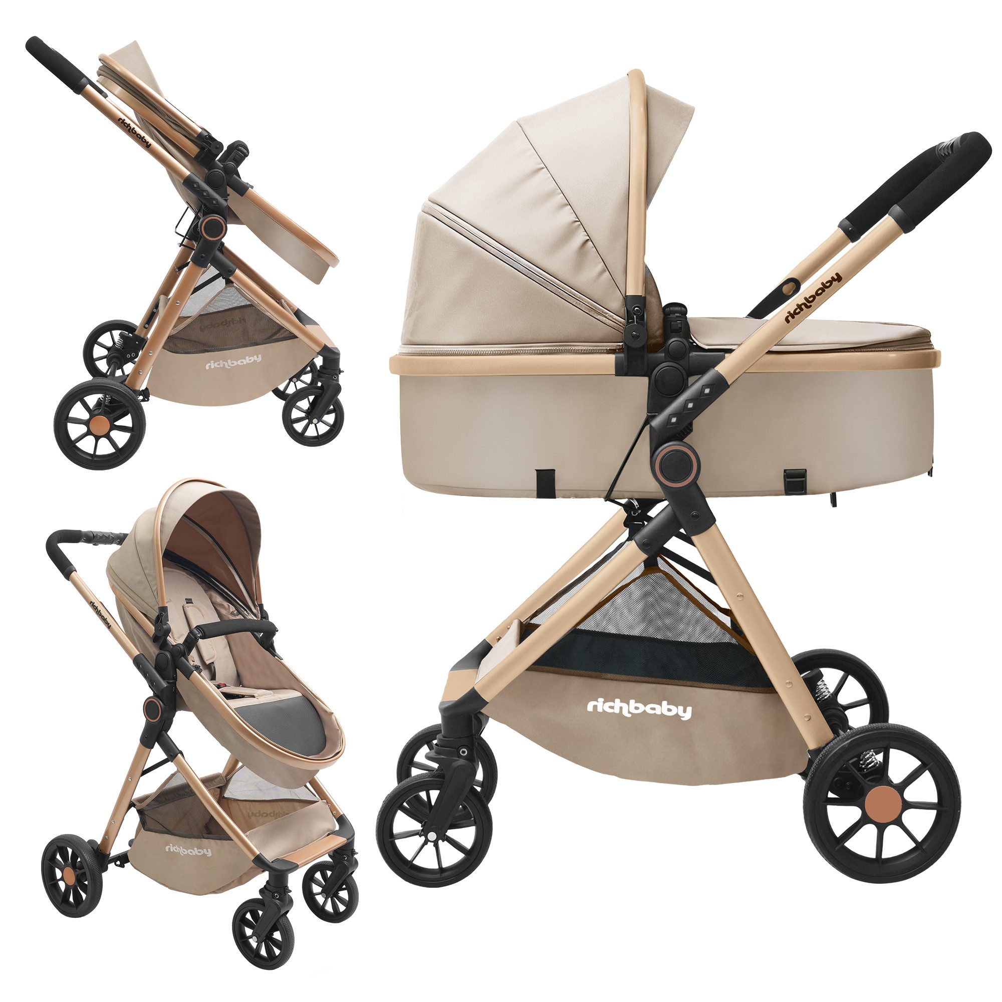Rich Baby Kombi-Kinderwagen 2 in1 Kombi-Reisekinderwagen & Buggy (0-36 Monate, bis 22 kg), (Kompakt Zusammenklappbar, UV 50+, 5-Punkt-Gurte), Vollflächige Liegeposition, Babywanne, Großer Einkaufskorb Komplettset