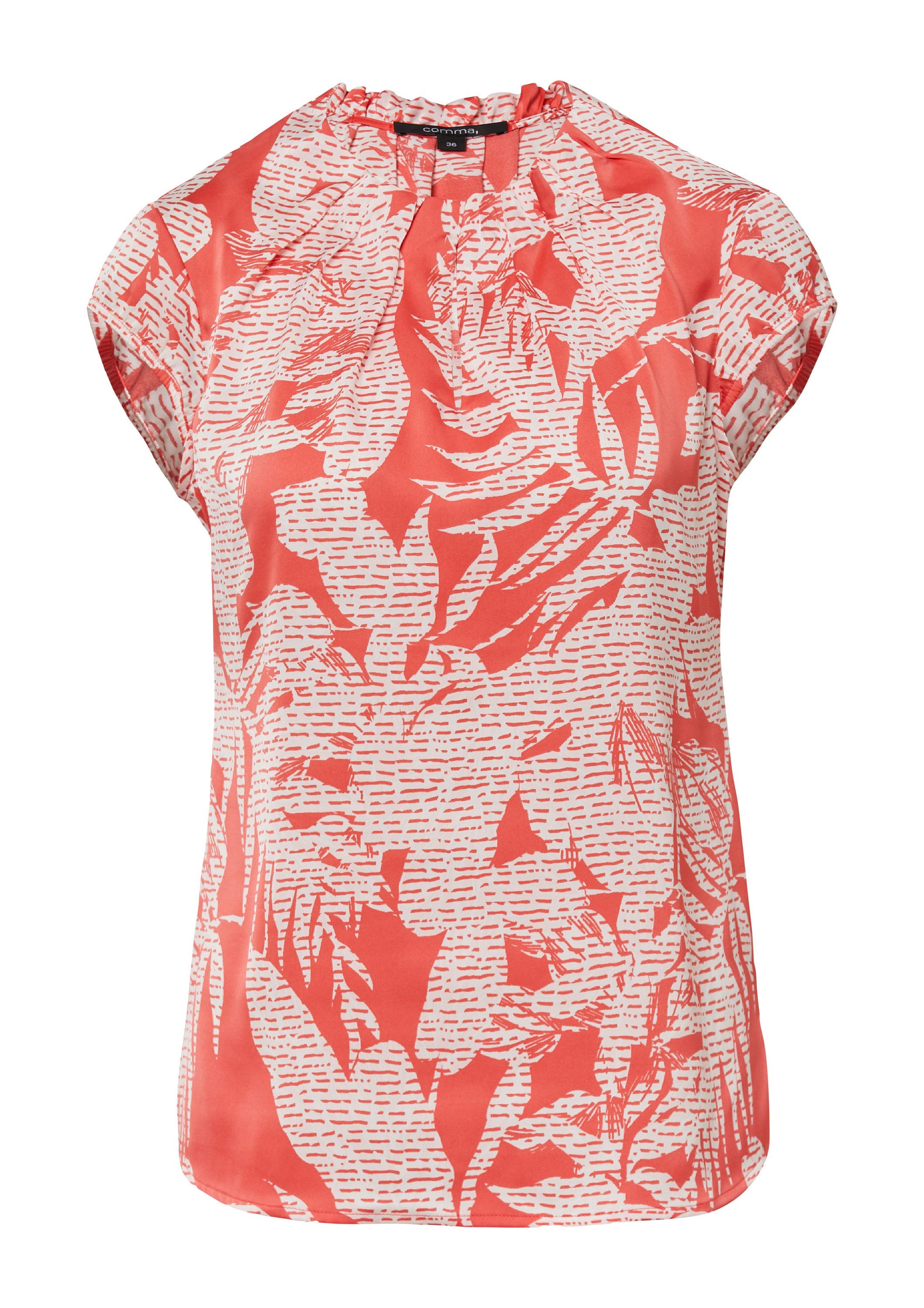 comma Kurzarmbluse Bluse Gemusterte Satin-Bluse mit Raffung