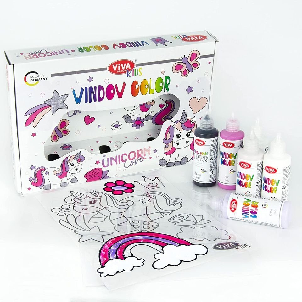 Viva Decor Kreativset Kids Window Color Unicorn Love, (8-tlg), 6x90ml inkl. Malvorlagen und Malfolie