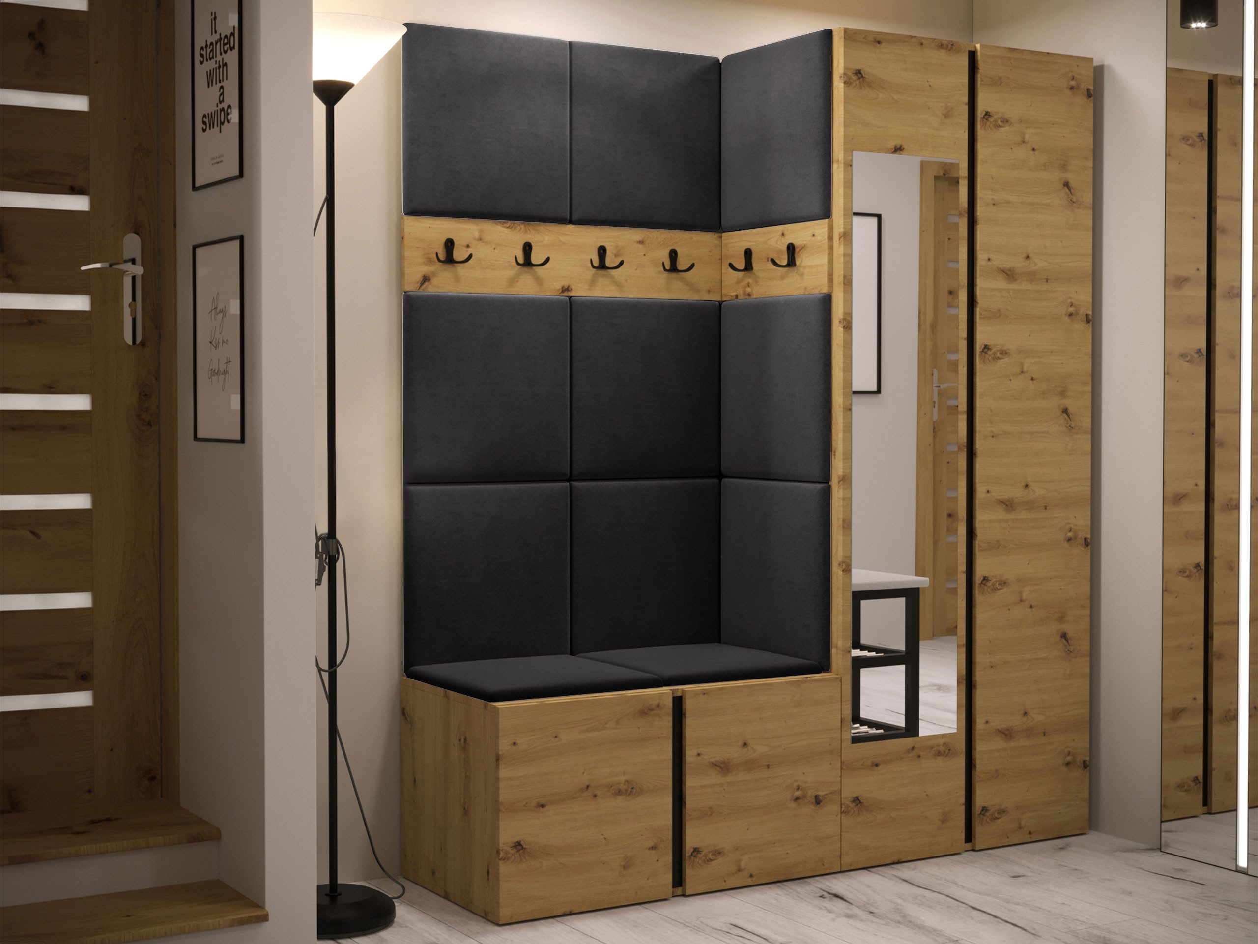 MIRJAN24 Garderoben-Set Orion XII, (Komplett-Set, Schrank, Schrank mit Spiegel, 2x Kleiderhaken, Paneel 11x 42x42), Auswahl aus Fronten und Polsterplatten