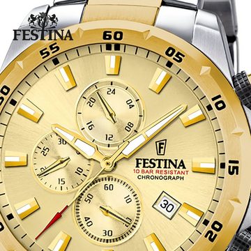 Festina Quarzuhr Festina Herrenuhr Chronograph Sport, Herren Armbanduhr rund, Edelstahlarmband silber, gold, Sportlich