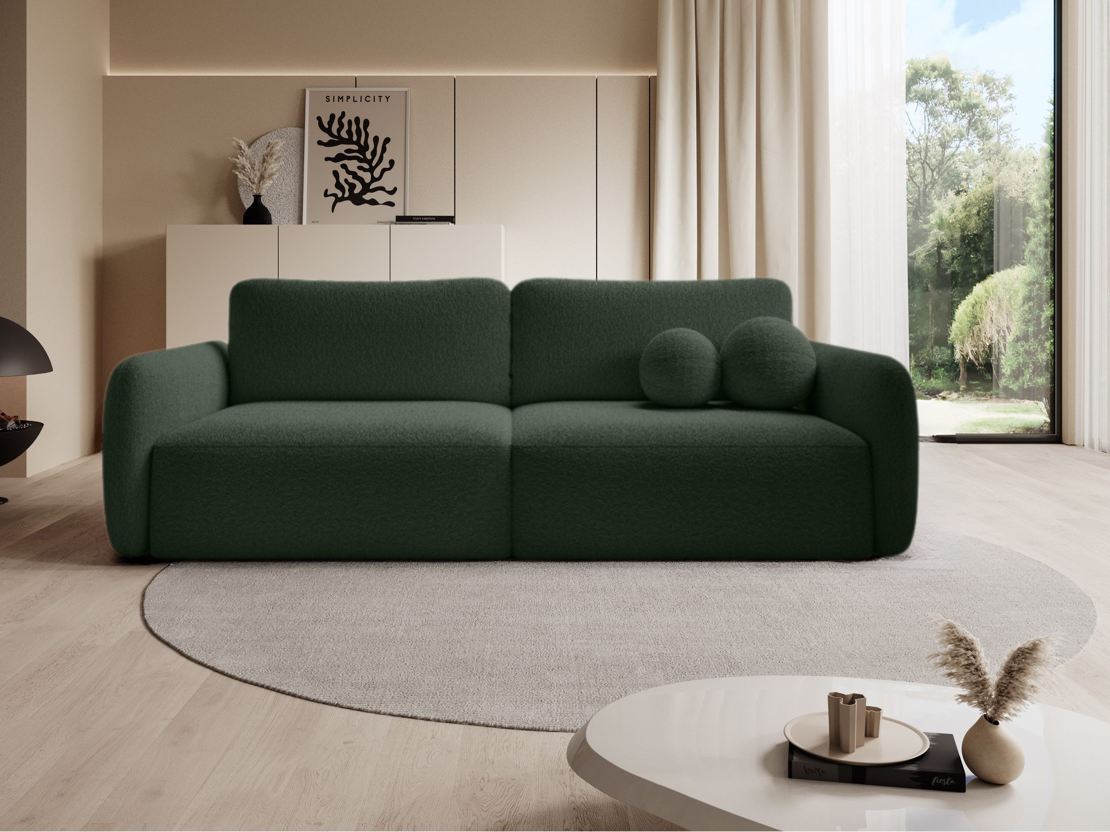 Goldstoff Schlafsofa Boo mit Bouclé-Stoff Designer Couch - modernes Sofa, Dekorative runde Kissen, ausziehbare Liegefläche
