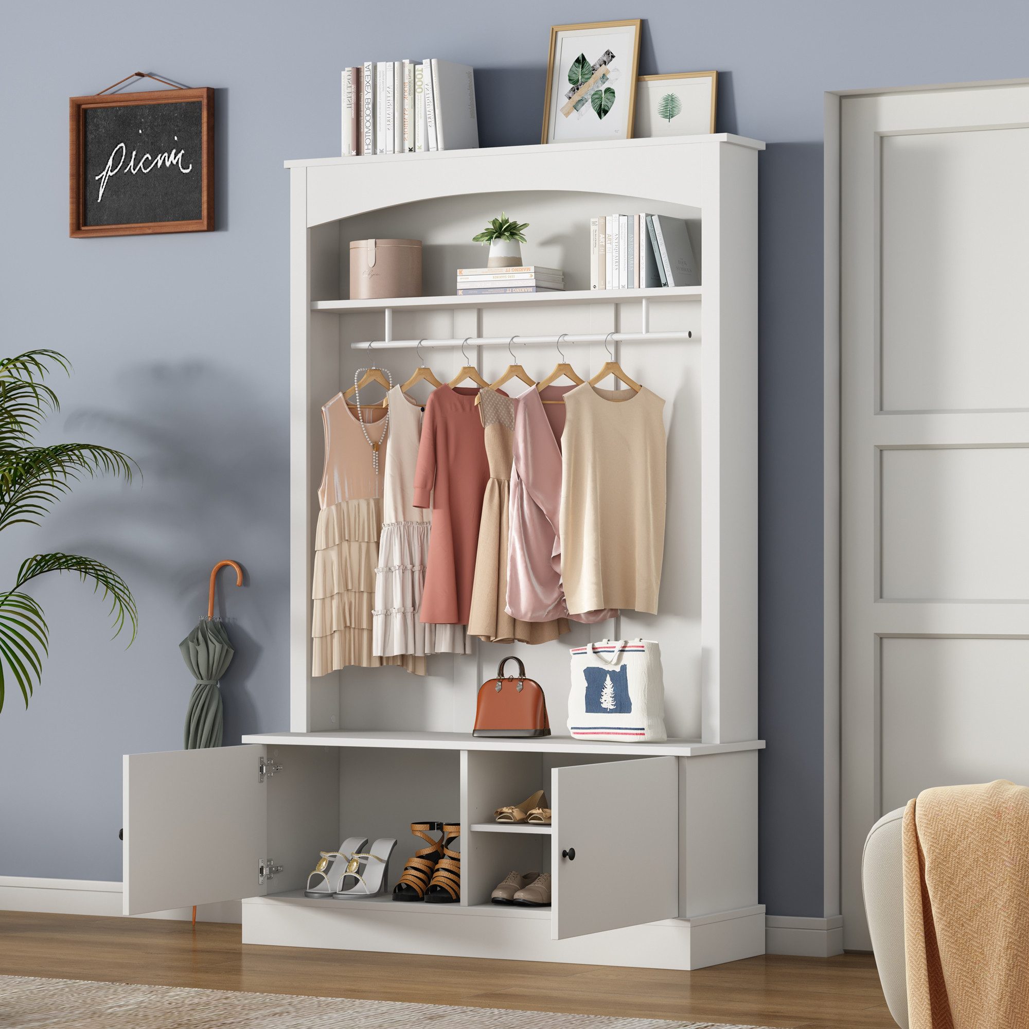 Odikalo Garderobenschrank Kombi-Stehschrank Flurgarderobe Kleiderschrank Verstellbar Regale Weiß