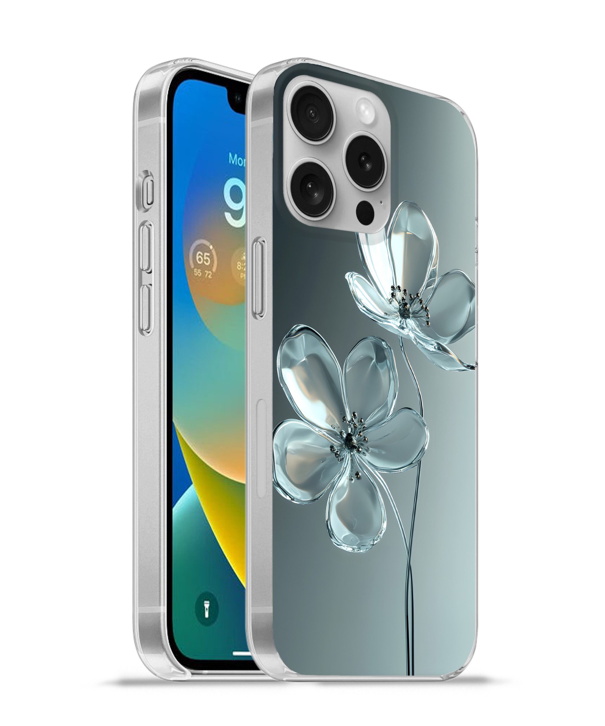 MuchoWow Handyhülle für Apple iPhone 16 Pro Kristall - Blumen - Grau, Smartphone-Bumper, Print, Handy Schutzhülle Dünn
