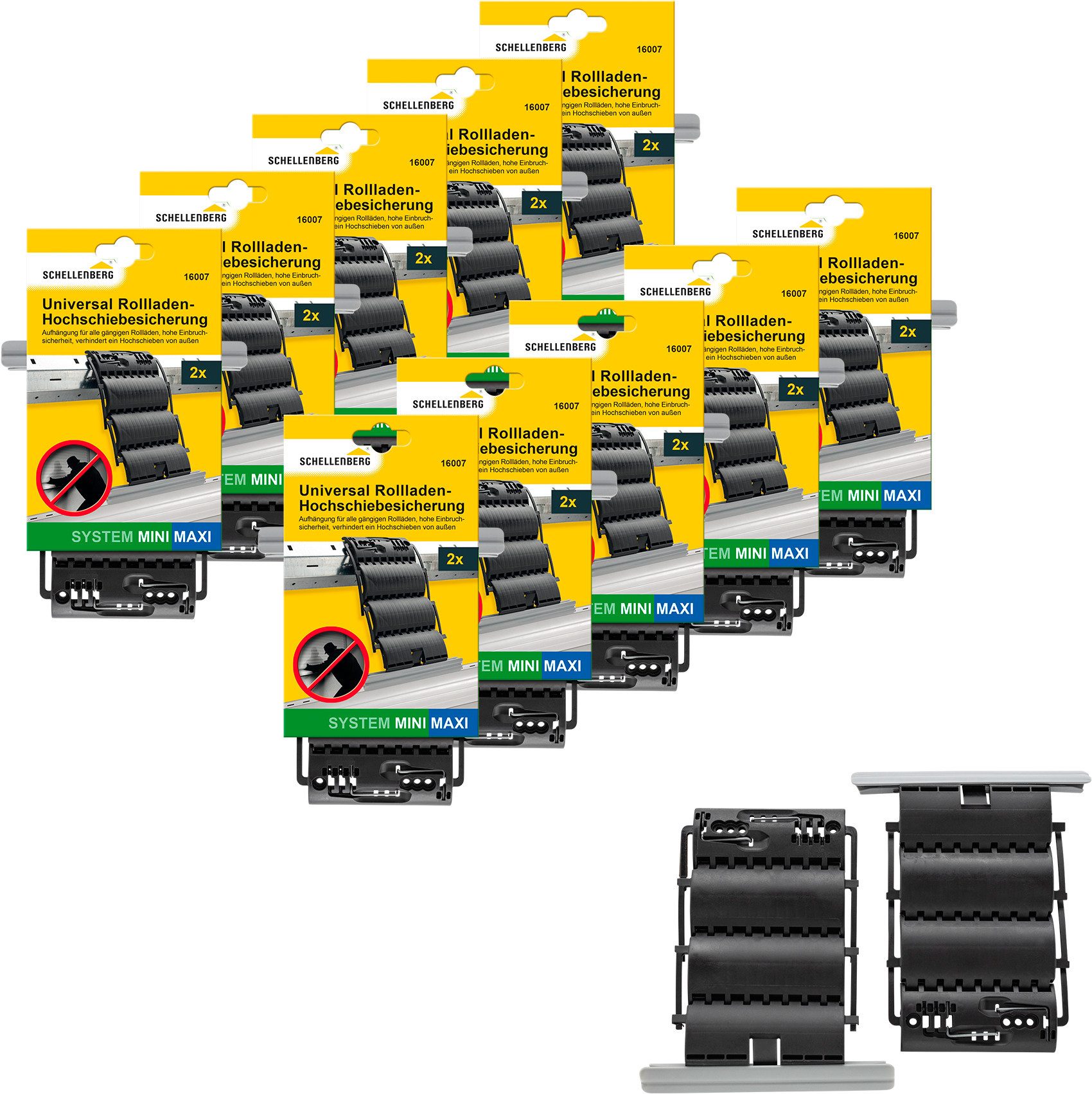 SCHELLENBERG Rollladensicherung Universal Hochschiebesicherung, feste Wellenverbinder (Set, 20-tlg), Rollladen-Sicherung, System Mini und Maxi, einbruchshemmend