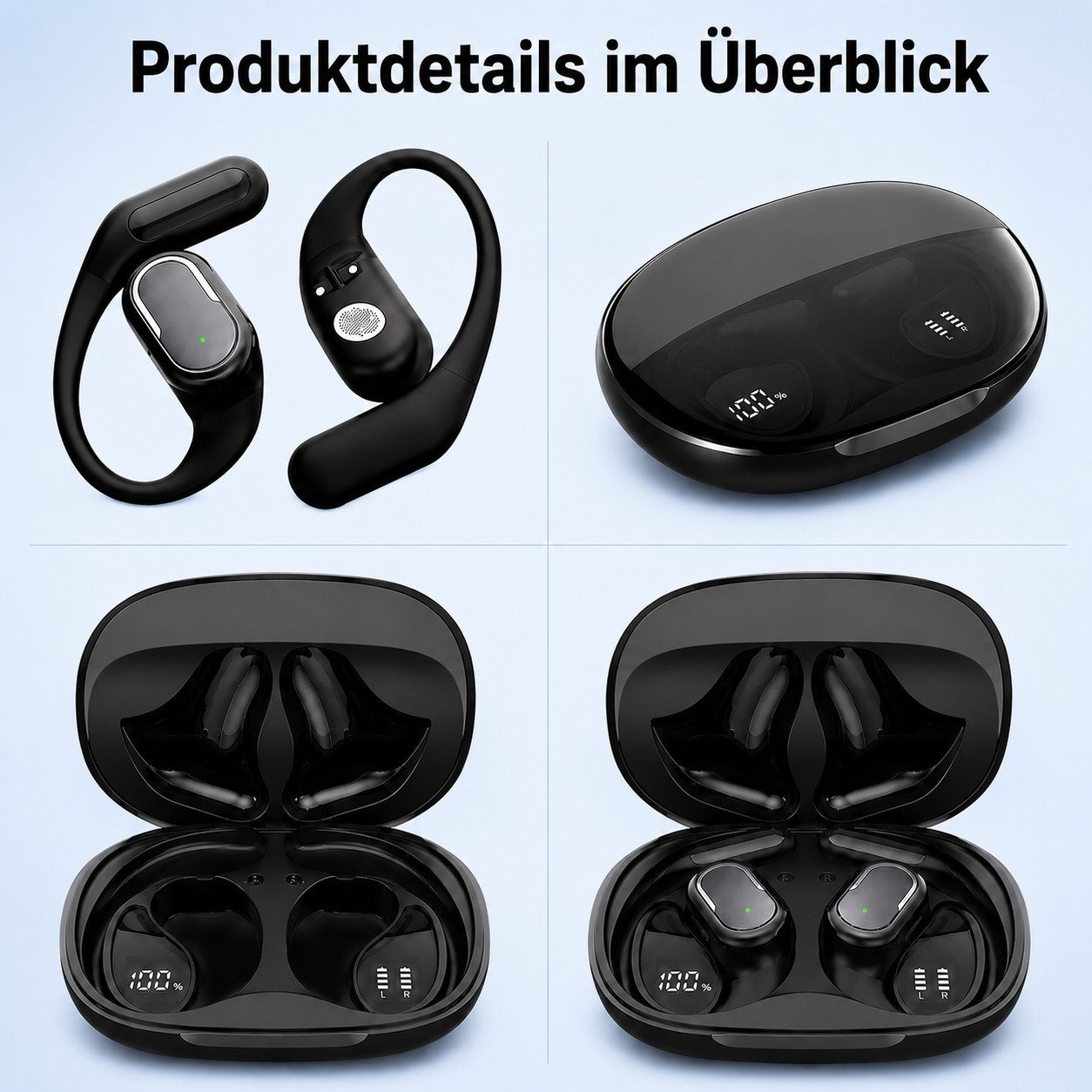 ibettertec Open Ear Bluetooth Kopfhörer, Kabellose Sport Kopfhörer mit Ohrbügel Bluetooth-Kopfhörer (Bluetooth 5.4, ENC Geräuschunterdrückung, 18 mm Treiber, IPX6 Wasserschutz, 45 Std. Akkulaufzeit, USB-C Ladecase)