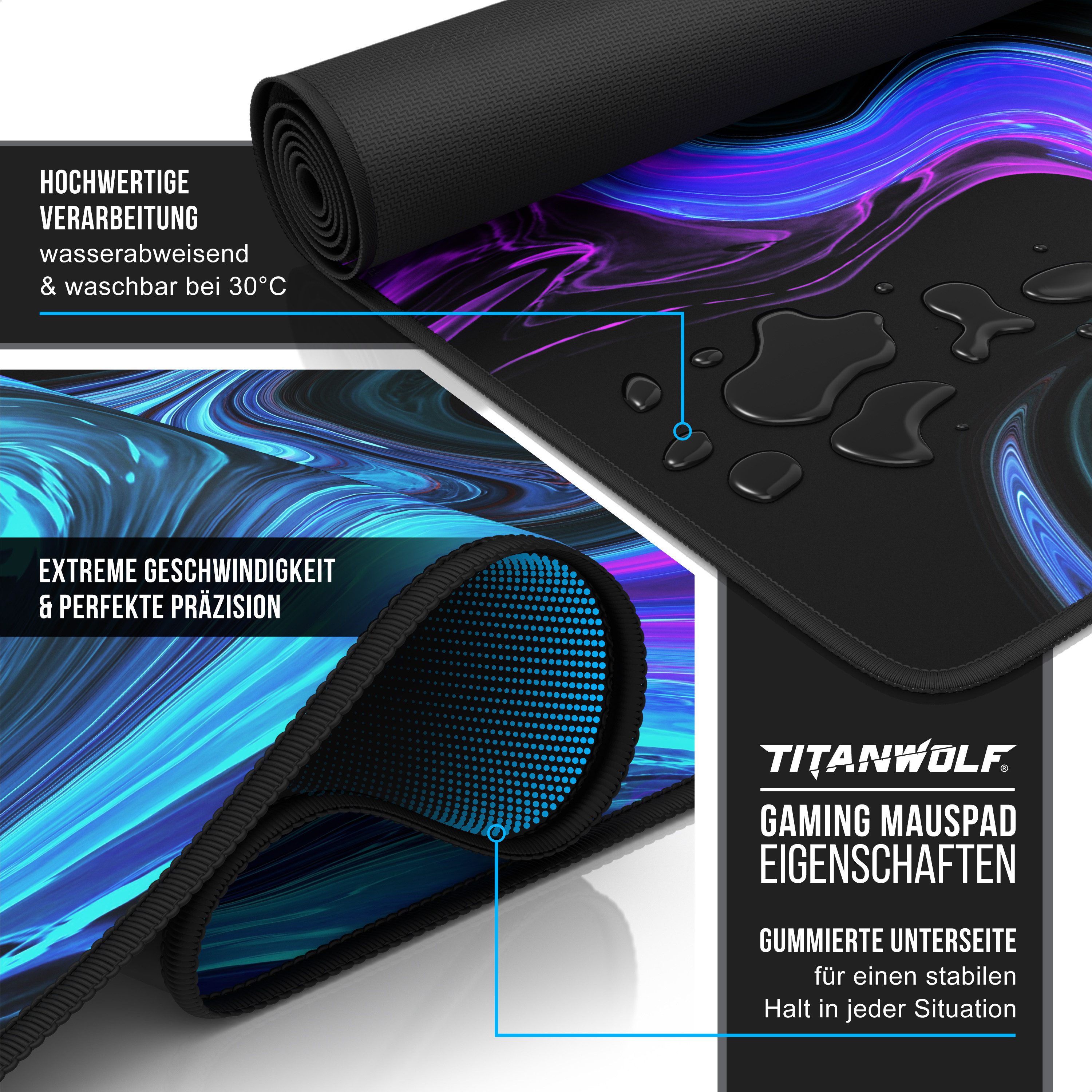 Titanwolf Gaming Mauspad XXL Speed Mousepad 900 x 400 x 3 mm, Schreibtischauflage, abwaschbar, rutschfeste Rückseite, Geschwindigkeit & Präzision, Blue Liquid