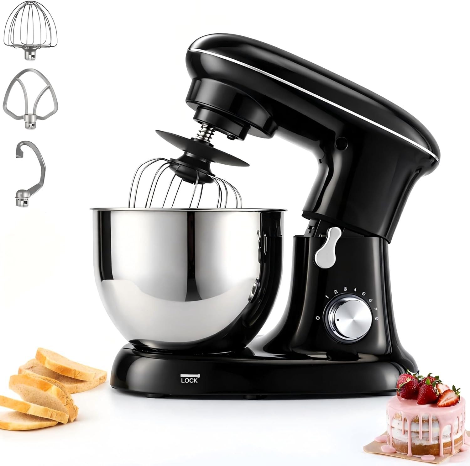 Nettlife Küchenmaschine 1400 W 5L Edelstahl-Rührschüssel Kneter/Teigmaschine, 1400 W, 5 l Schüssel, Knethaken Schneebesen Rührschüssel und Deckel für Brot Pizzateig