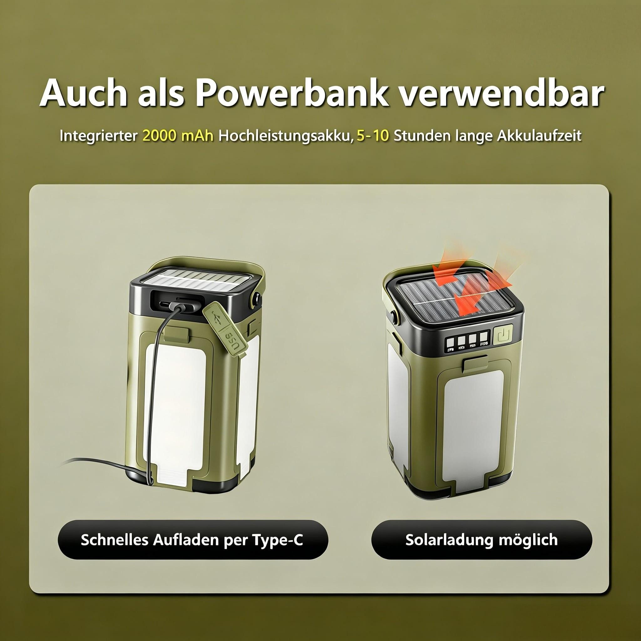 AIBISTAR LED Laterne 6in1 Campingleuchte mit Powerbank Solar faltbar 2000mAh, LED Leuchtmittel, Weiss, Warmgelb, Orange, LED Campinglampe,6 Lichtmodi,Blinkmodus,4 bewegliche Leuchtflügel