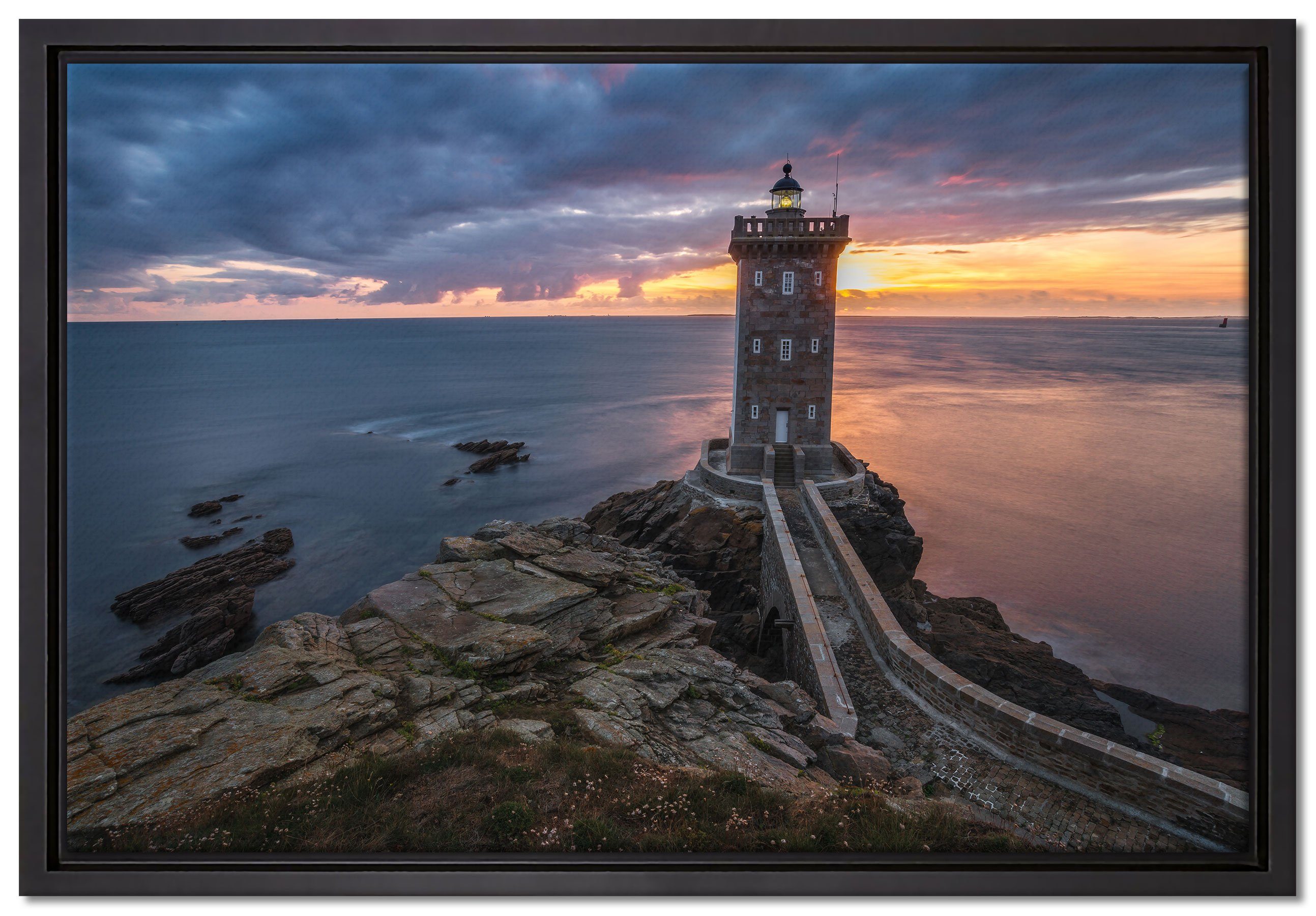 Pixxprint Leinwandbild Leuchtturm im Sonnenuntergang, Wanddekoration (1 St), Leinwandbild fertig bespannt, in einem Schattenfugen-Bilderrahmen gefasst, inkl. Zackenaufhänger