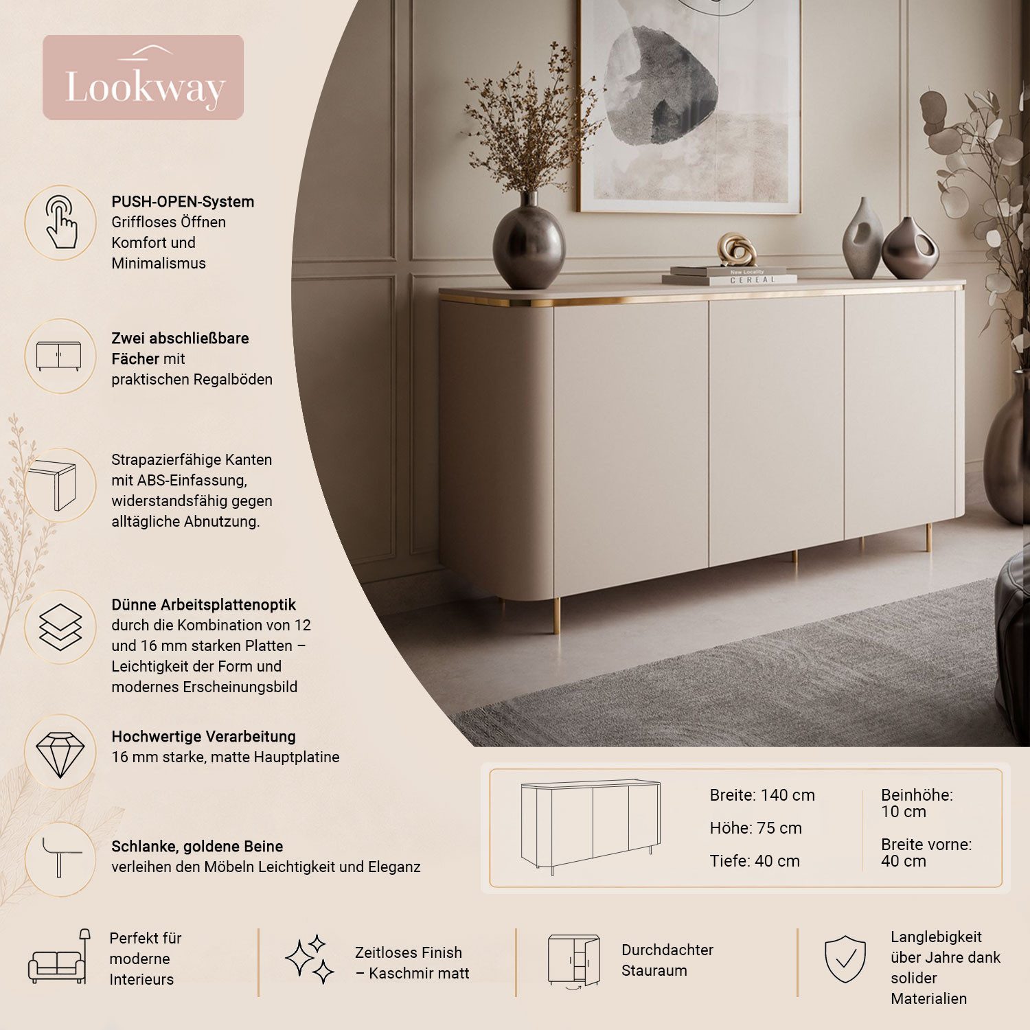 Lookway Kommode AVELINE 140 cm mit LED-Beleuchtung auf geraden Beinen – Bild 3 von 5