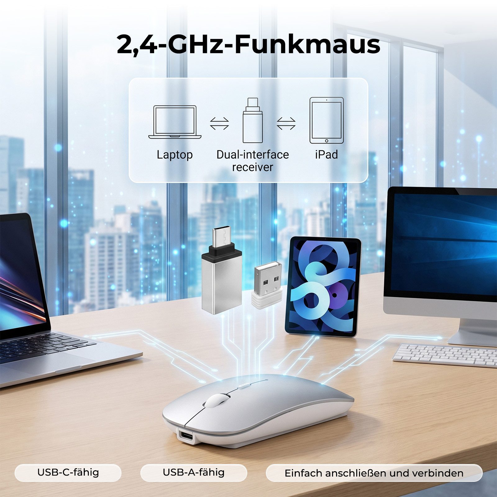 AKKEE Funkmaus 2,4 GHz mit USB Empfänger für Laptop Computer Maus (Wiederaufladbar Kabellose Maus Kompatibel)