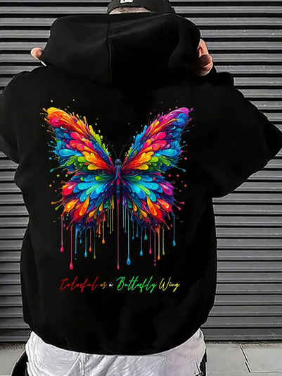 RMK Kapuzenpullover Herren Hoodie Oversize Langarm Longshirt Butterfly Schmetterling mit Kapuze