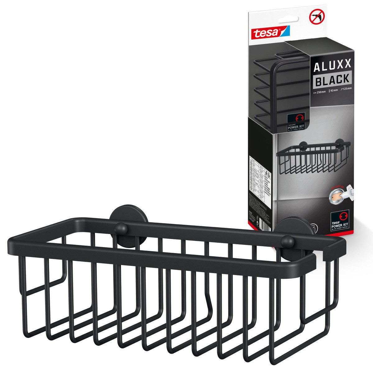 tesa Duschregal Aluxx Black Duschablage, einstöckig und extra tief, 1-tlg., mit Klebelösung zur Wandmontage ohne Bohren