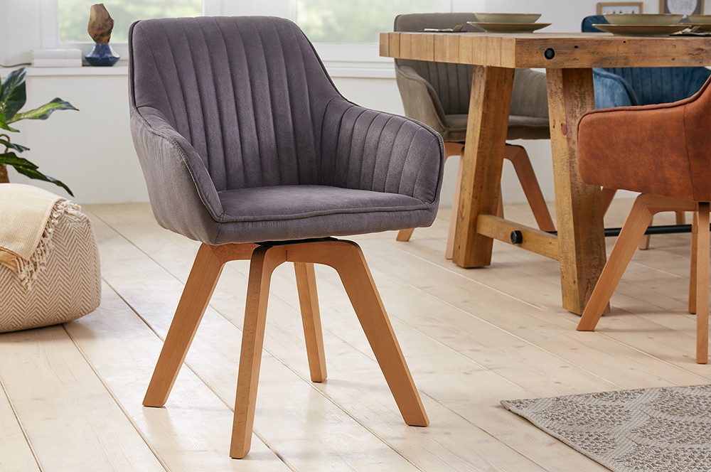 riess-ambiente Polsterstuhl LIVORNO vintage grau – Microfaser, drehbar, Holz-Beine, mit Armlehne (Einzelartikel, 1 St), mit 180° Drehfunktion und Autoreturn – ideal für Dein Esszimmer