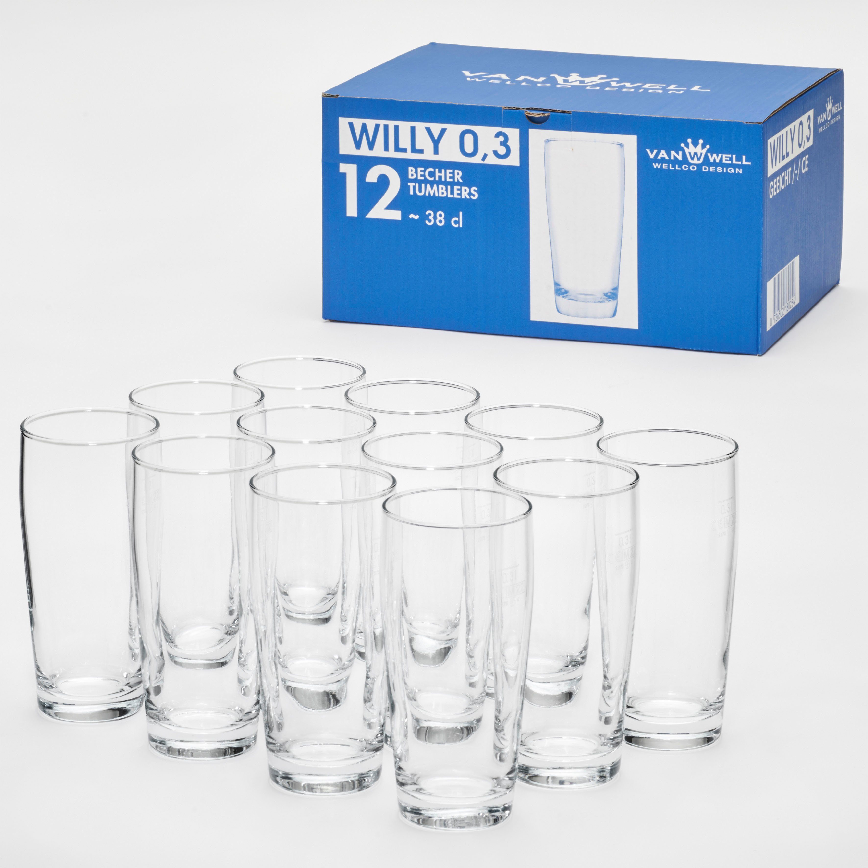 van Well Bierglas Willybecher, 12-tlg., Glas, 0,3 L, geeicht, spülmaschinenfest, Gastronomiequalität, 12-tlg.