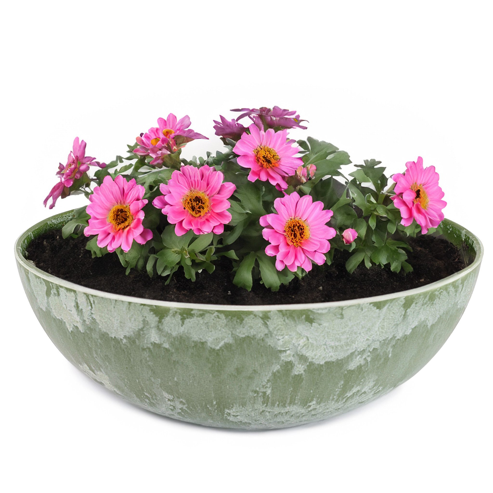 matches21 HOME & HOBBY Blumentopf Runde bauchige 20 cm Pflanzschale für draussen, grün marmoriert (1 St), Wetterfeste Blumen-Schale als moderne Gartendeko Grabschmuck