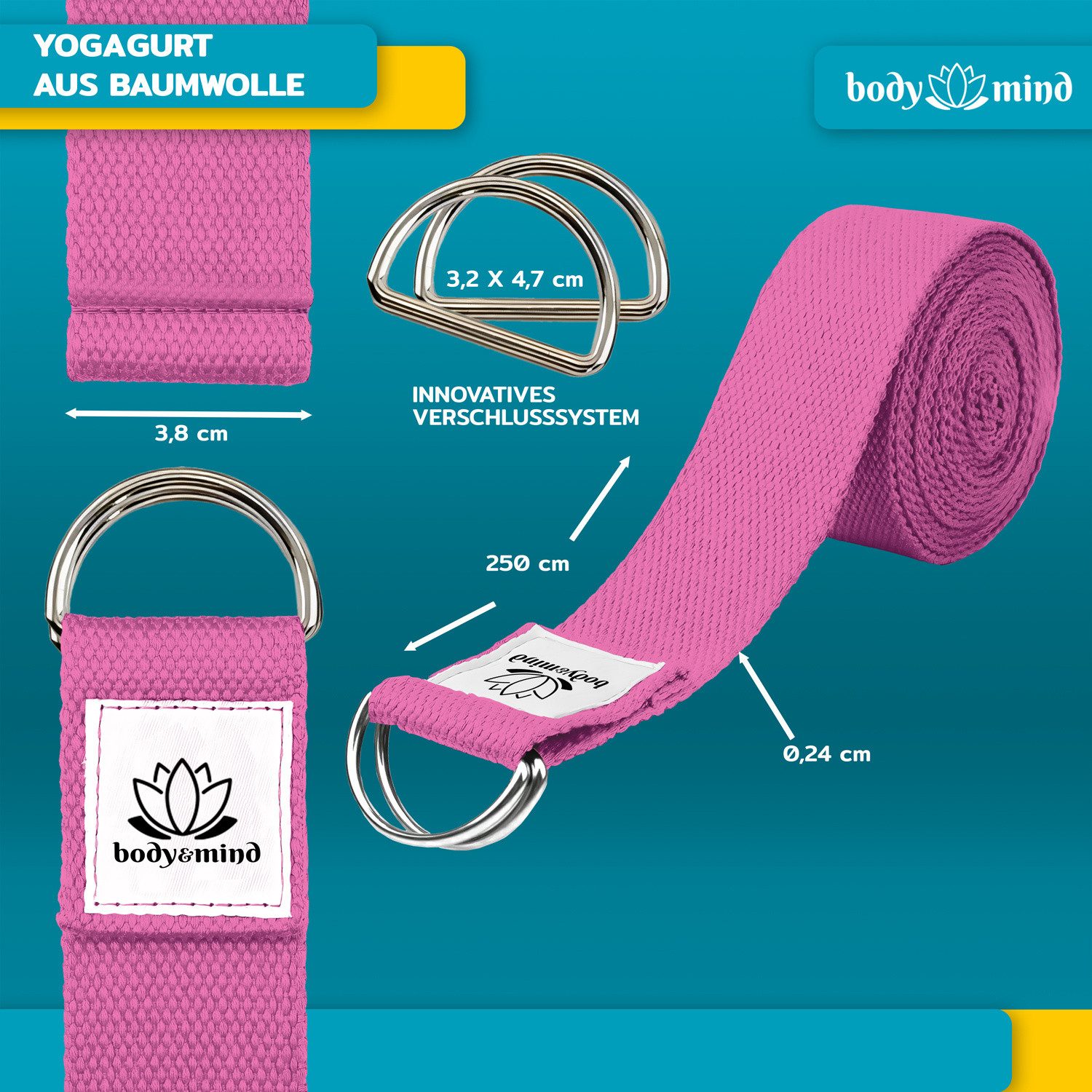 Body & Mind Yogagurt Body & Mind Yogagurt – Baumwolle Yoga Band mit D-Ring für Dehnung, Yoga-Band mit D-Ring-Verschluss