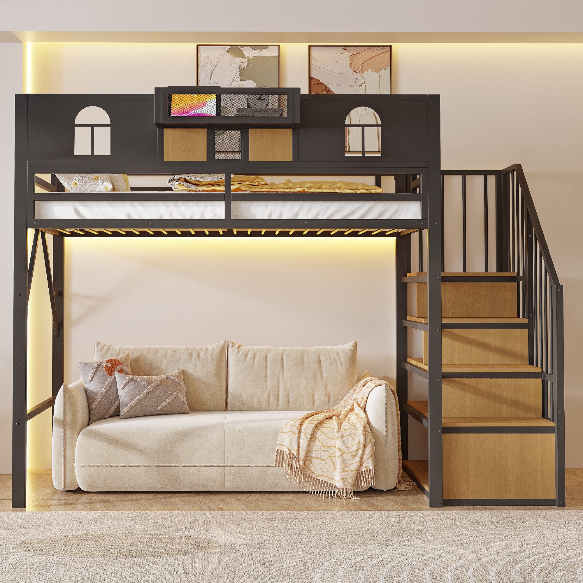 Odikalo Kinderbett Hochbett Bettgestell Jugendbett Stauraum Metallrahmen 140x200 90×200 (Metall Mit Stauraumleiter und Lichtleiste Mit Ablagefach Fenster Holzplatten und Metallgitterelementen Erhöhte Umzäunung Stabiler Metallrahmen Ohne Matratze)