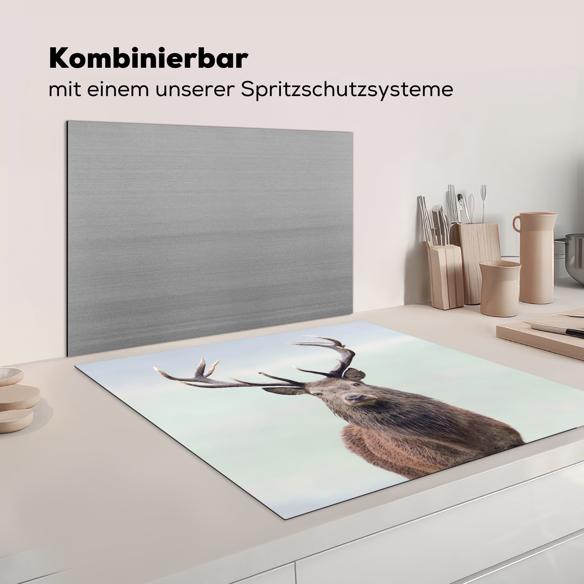 für Vinyl, Herdblende-/Abdeckplatte Gras küche Hirsche Arbeitsplatte - - Ceranfeldabdeckung, Himmel, (1 78x78 tlg), MuchoWow cm,