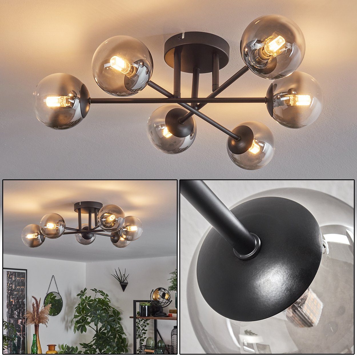 hofstein Deckenleuchte Deckenlampe aus Metall/Glas in Schwarz/Rauchfarben/K günstig online kaufen