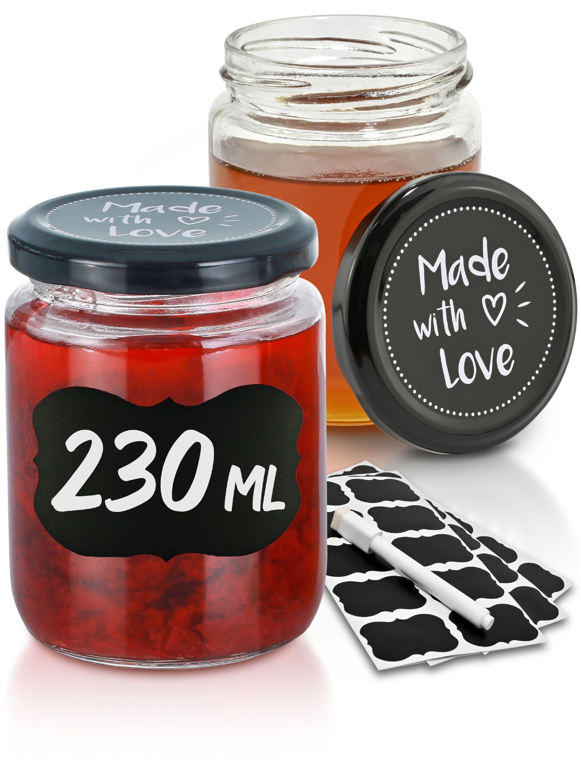 Praknu 25 - Praknu 230 Einmachglas Schwarz, (Set, Glas, Etiketten und mit verschenken Marmeladengläser zum ml 25-tlg), Deckel Luftdichte Einmachgläser