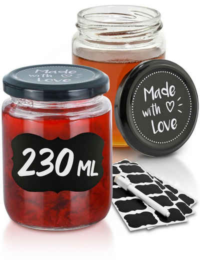 Praknu Einmachglas Praknu 25 Marmeladengläser 230 ml Schwarz, Glas, (Set, 25-tlg), mit Deckel und Etiketten - Luftdichte Einmachgläser zum verschenken