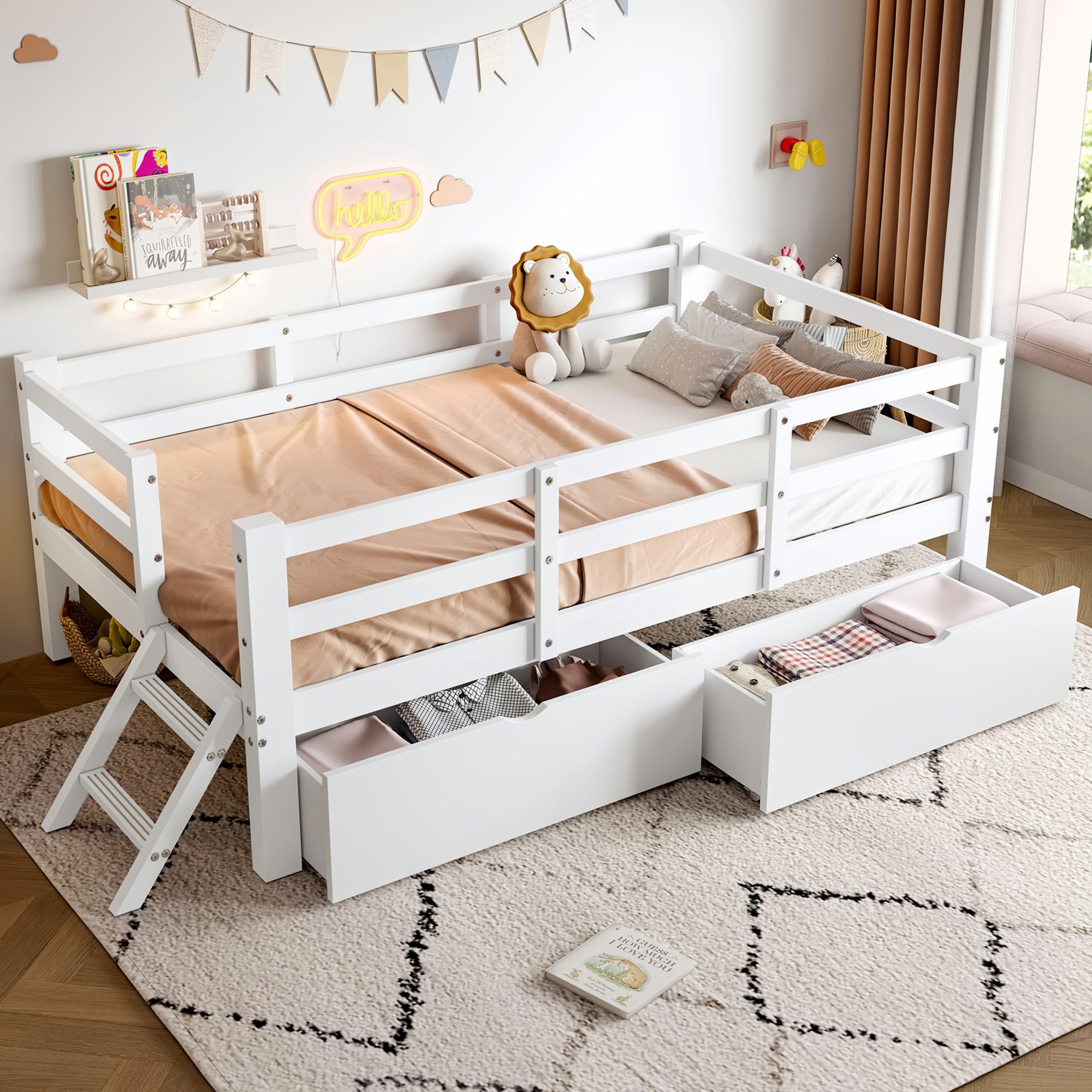 Flieks Kinderbett, Halbhochbett Einzelbett 90x200cm mit 2 Schubladen und Le günstig online kaufen