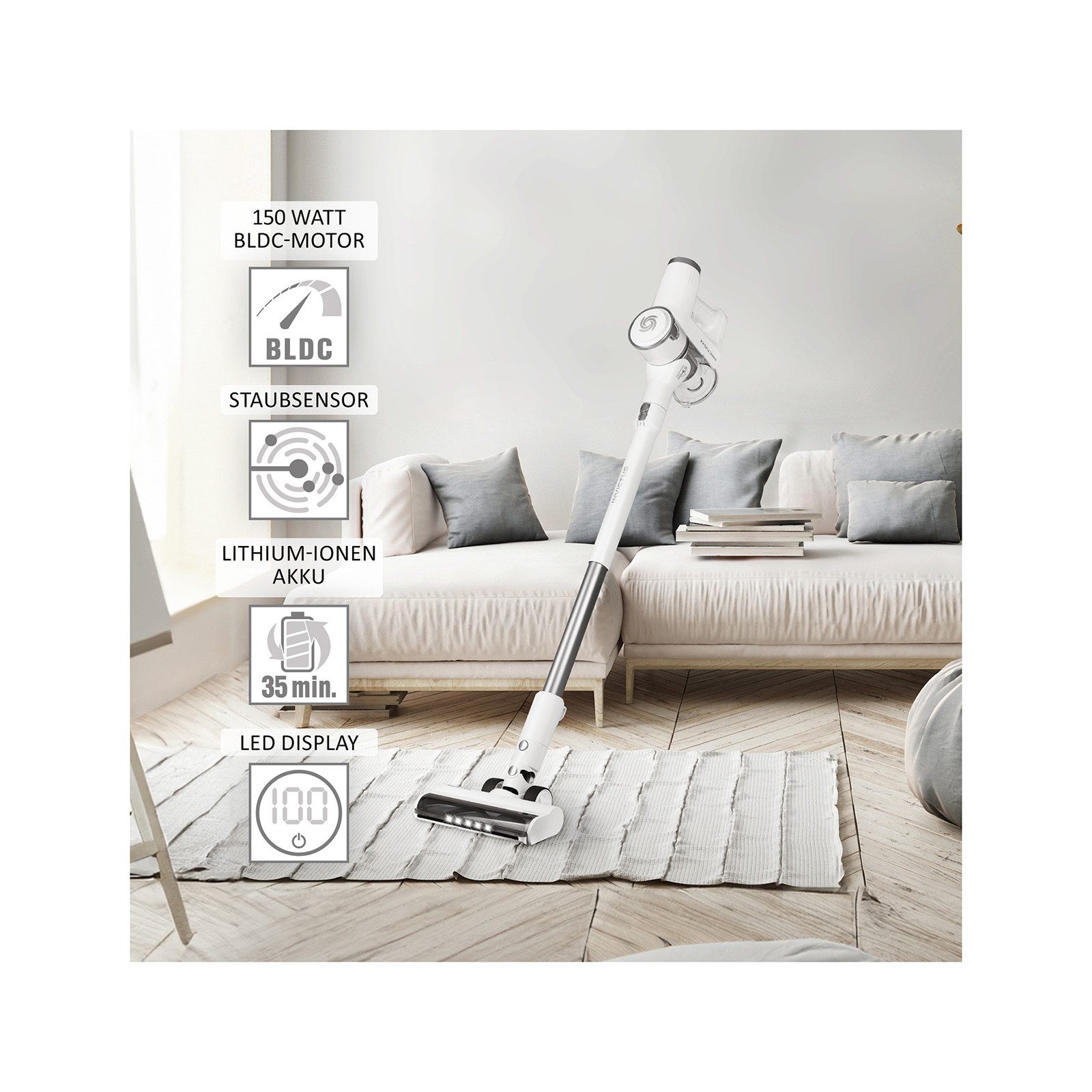 Genius Akku-Bodenstaubsauger Genius Invictus X4 Pro Akku Staubsauger13 tlg., Staubsauger Kabellos, 150,00 W, Quick-Clean-Funktion: Entleeren des Staub-Behälters per Knopfdruck, 2 Modi: Auto und Boost, Quick-Clean-Funktion, Ultra-Leicht