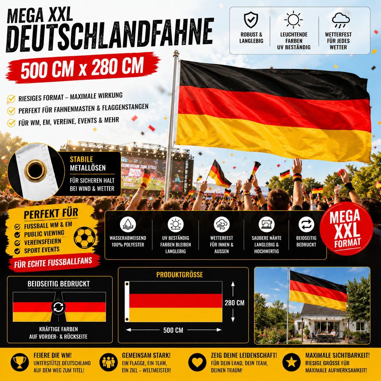 Taffstyle Fahne  Mega XXL Deutschland Fahne 280cm x 500cm Flagge mit Metallösen (Mega XXL Deutschland Fahne mit Metallösen für Fahnenmast und Events), doppelt genähnt