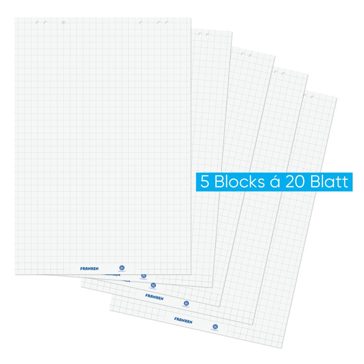 FRANKEN Flipchartblock Flipchartblock 68x98cm 80g/qm 20 Blatt kariert 5 Stück
