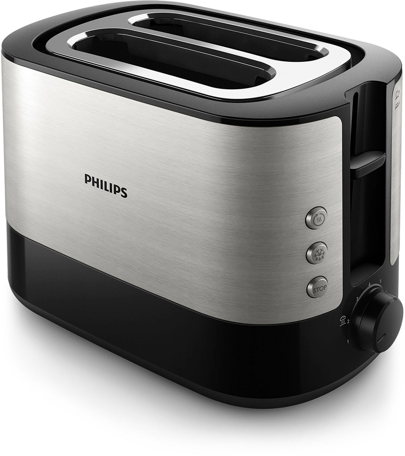 Philips Toaster HD2637/90 Viva Collection, 2 kurze Schlitze, für 2 Scheiben, 950 W, Brötchenaufsatz, Krümelschublade, 7 Bräunungsstufen, Silber