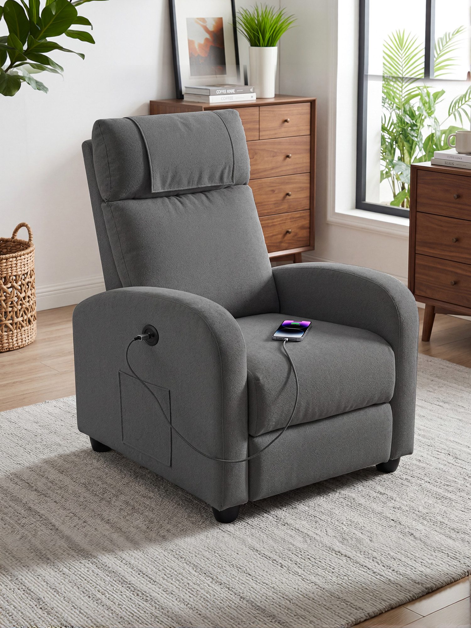 FiveWillowise Relaxsessel mit USB & TypeC, verstellbare Rückenlehne und Fußstütze, Dunkelgrau (1-St), Die Rückenlehne passt sich stufenlos Ihrem Wunschwinkel an