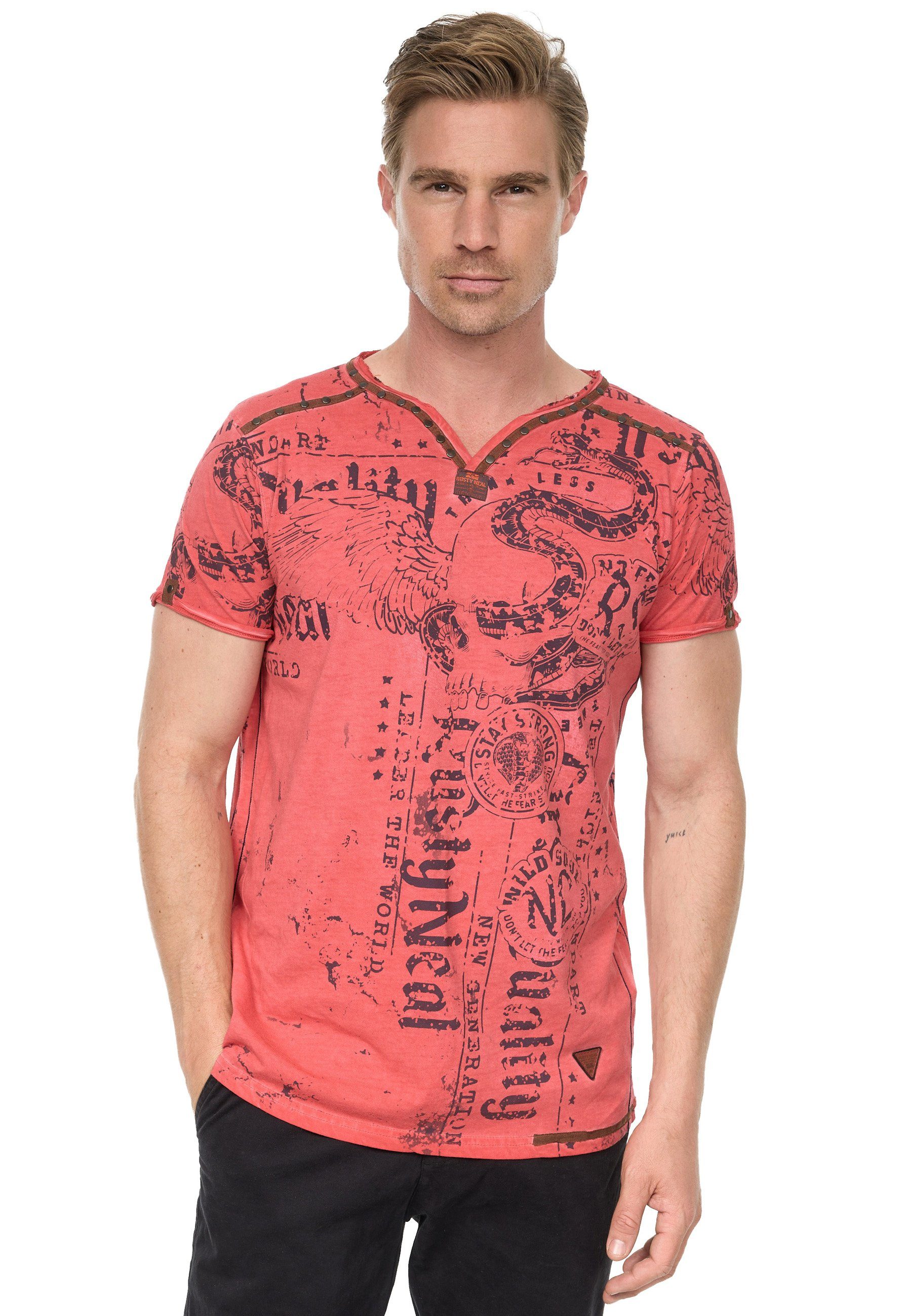 rot Allover-Druck Neal T-Shirt mit Rusty