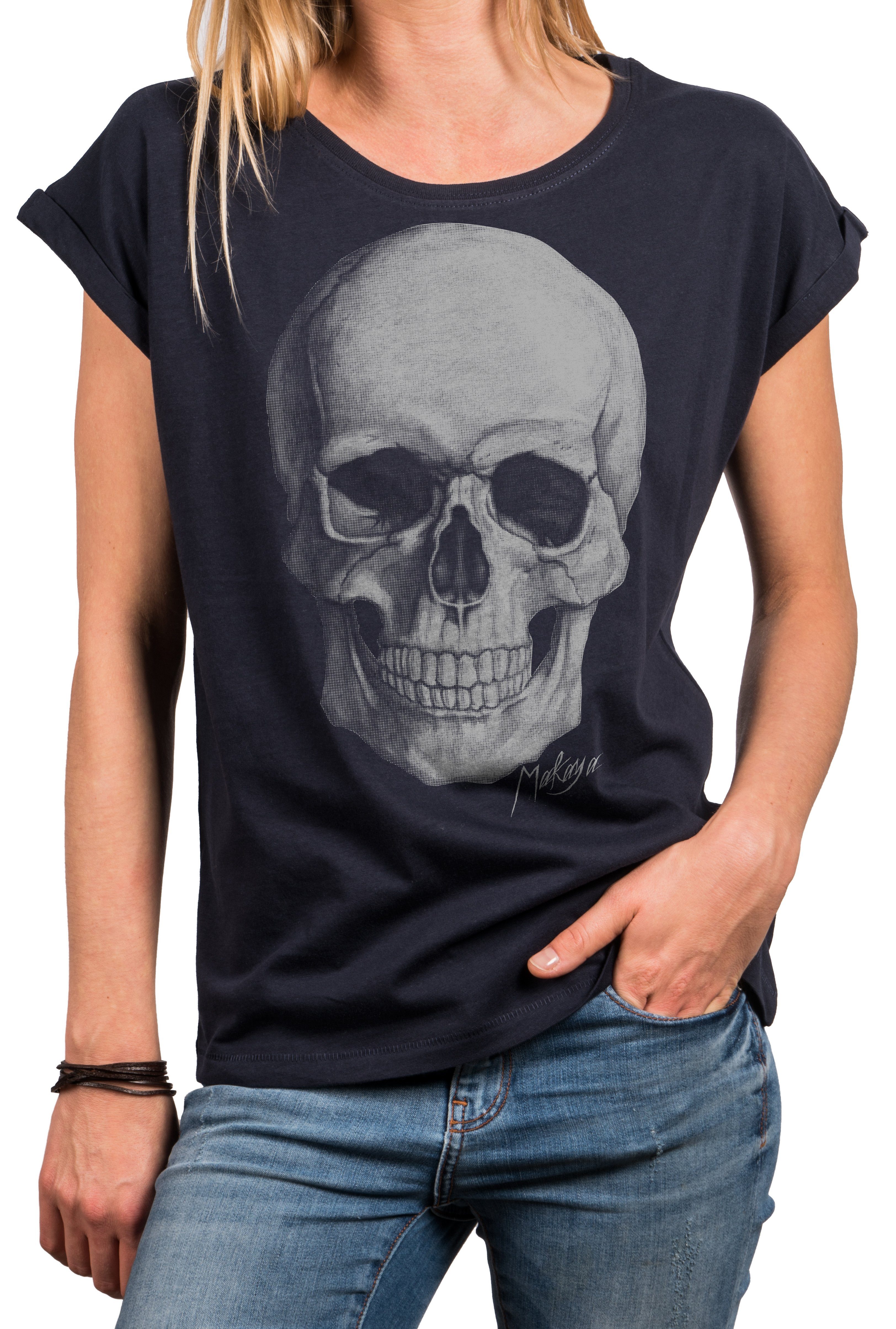 Skull blau, Tunika große (elegant, Oversize MAKAYA grau) - für locker Shirt Sommer Größen Damen Rock Print-Shirt lässig schwarz, Sexy