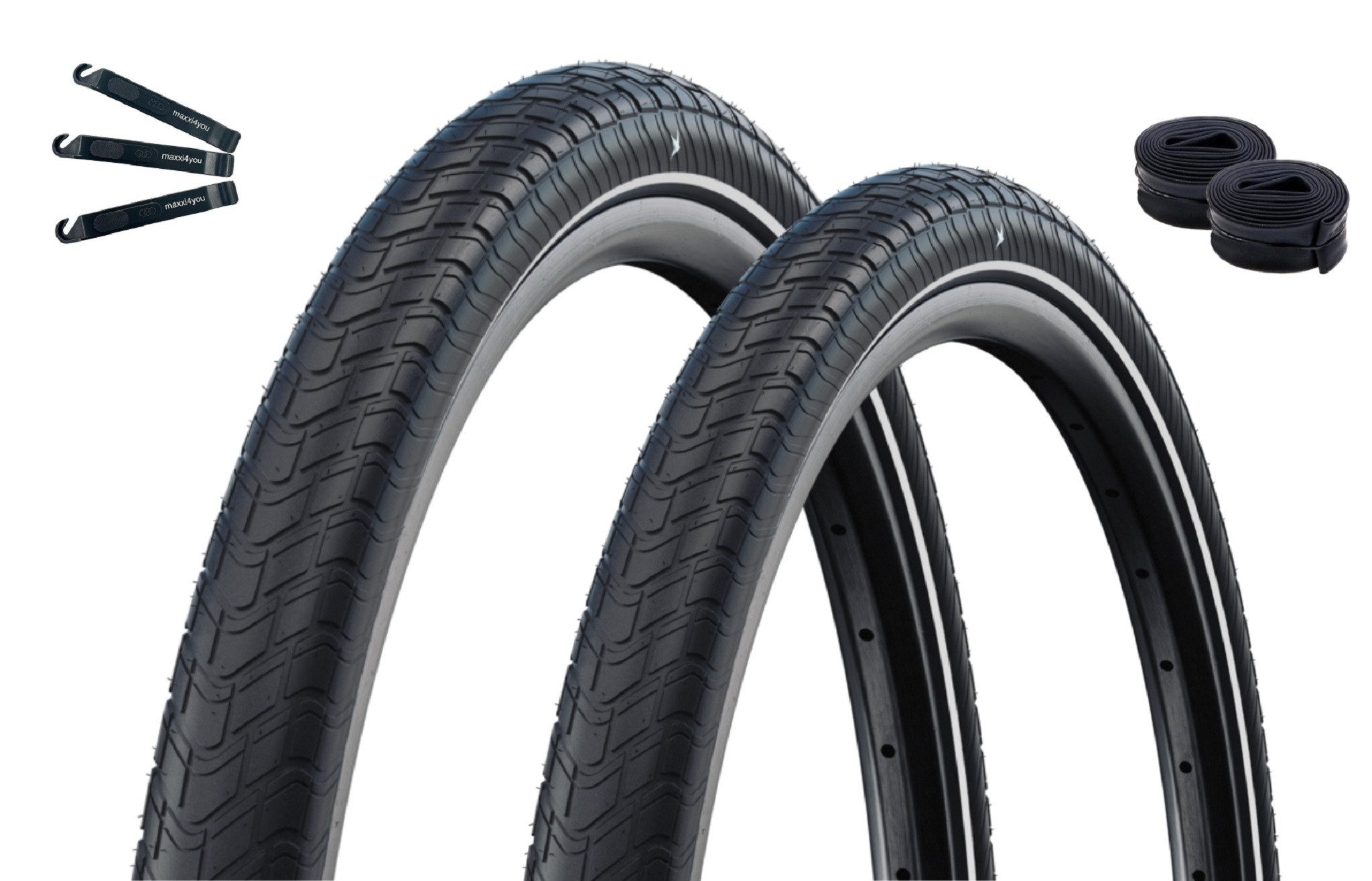 maxxi4you Fahrradreifen 2 x Schwalbe Motion Big Apple Schwarz-Reflex 50-507 + 2 x DV10 inkl RH