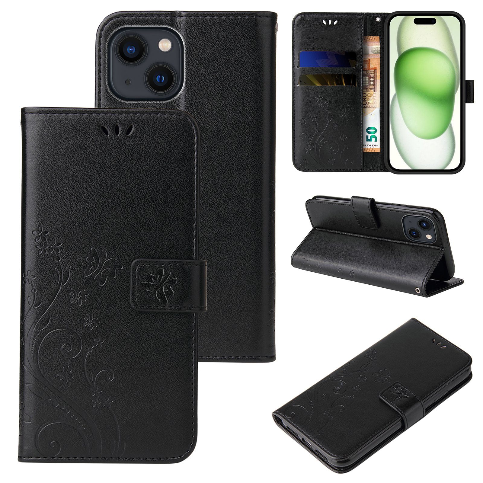 Tec-Expert Handyhülle Cover Tasche Hülle für Apple iPhone 15 6,1 Zoll, Klapphülle Case mit Kartenfach Fliphülle aufstellbar, Motiv Blumen