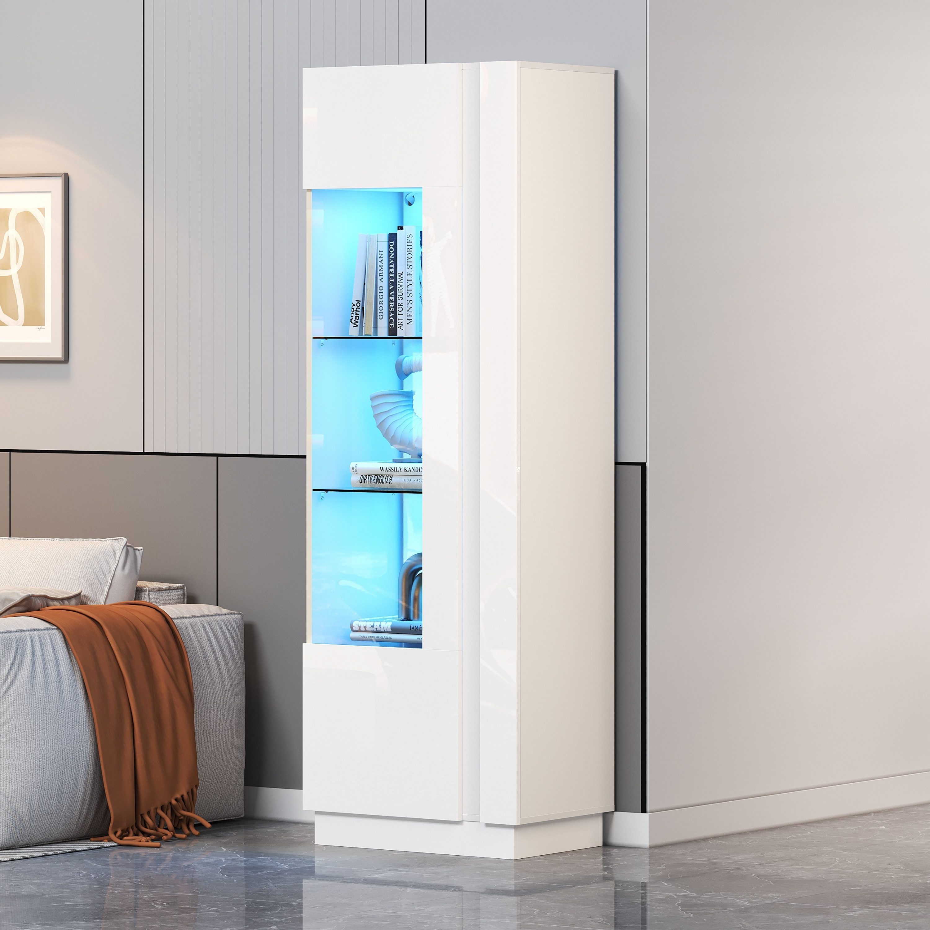 Merax Standvitrine Hochglanz Vitrine mit LED und App-Steuerung (Standregal Schrank Vitrinenschrank, 1-St., 60 x 40 x 180 cm) Hochschrank Vitrinenschrank mit it Acryl-Schranktür & Glasböden