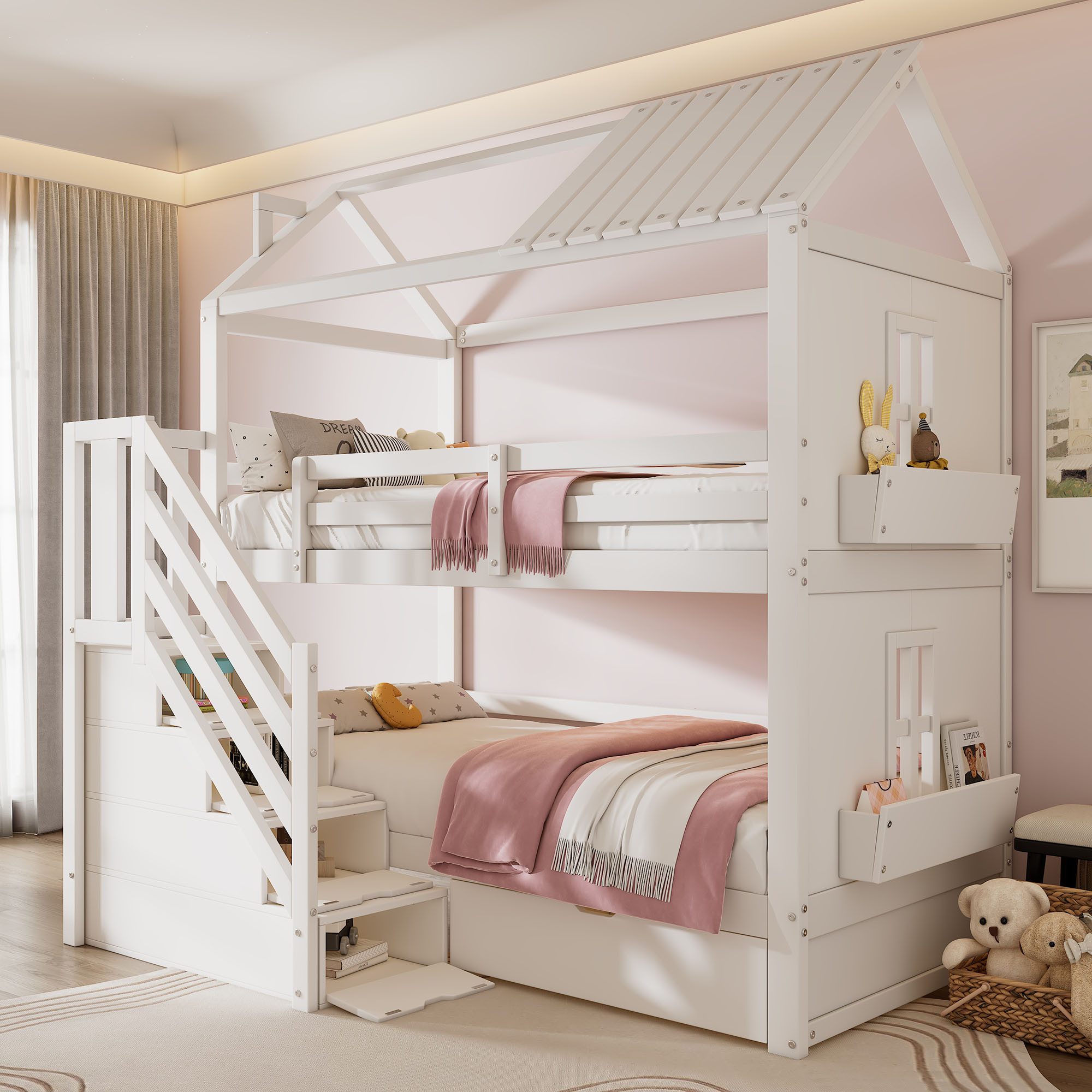OKWISH Etagenbett mit Stauraumtreppe, Schubladen & Regalen in Weiß (mit Schubladen und Regalen, 1-St., Ohne Matratze – für individuellen Komfort im Kinderzimmer), 90x200 cm, belastbar bis 150 kg, robuste Konstruktion