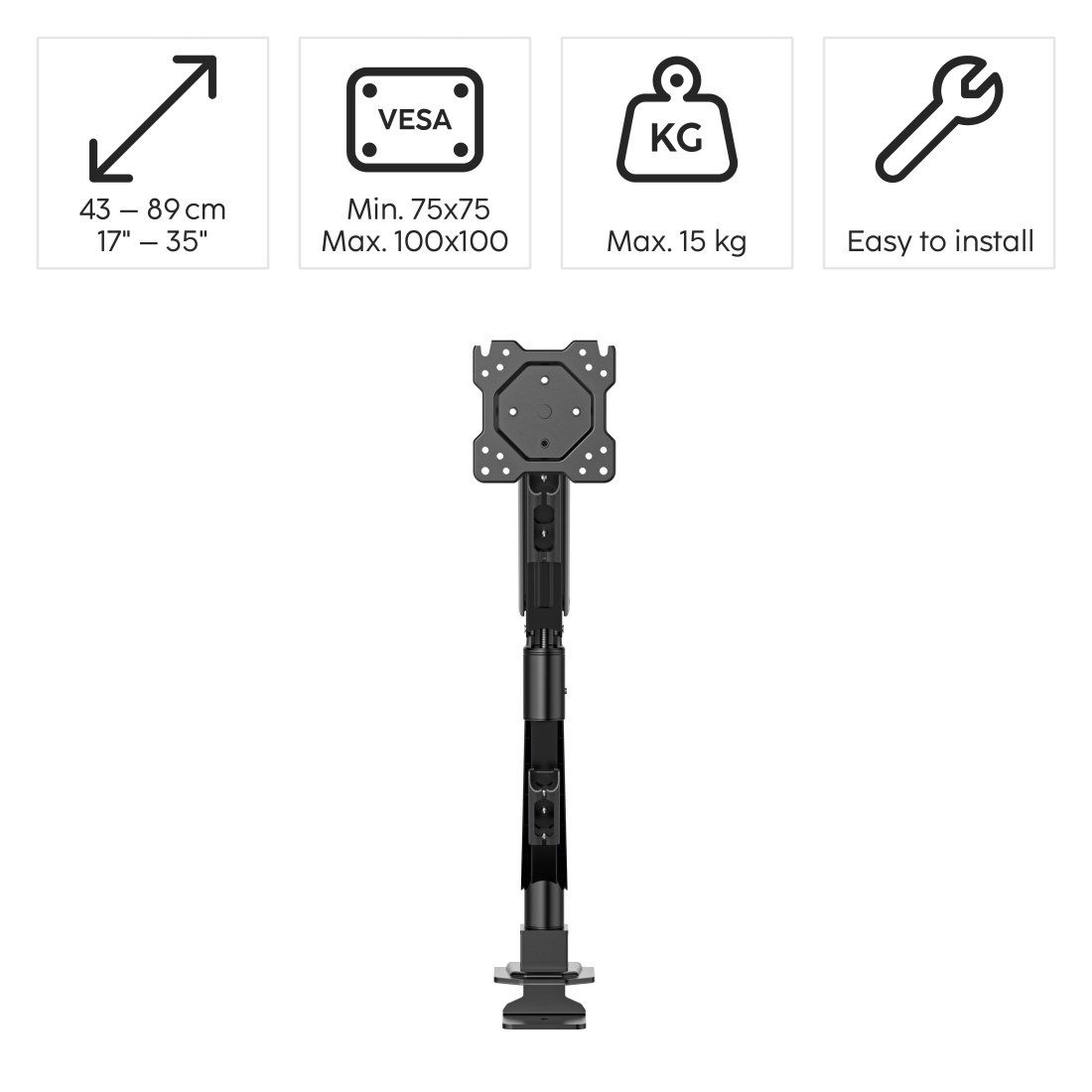 Hama Monitor-Halterung Monitorhalterung höhenverstellbar für 17 bis 35 Zoll Monitore, (bis 35 Zoll, Gasfeder, 360° Rotation, Kabelmanagement, VESA, Klemmmontage)