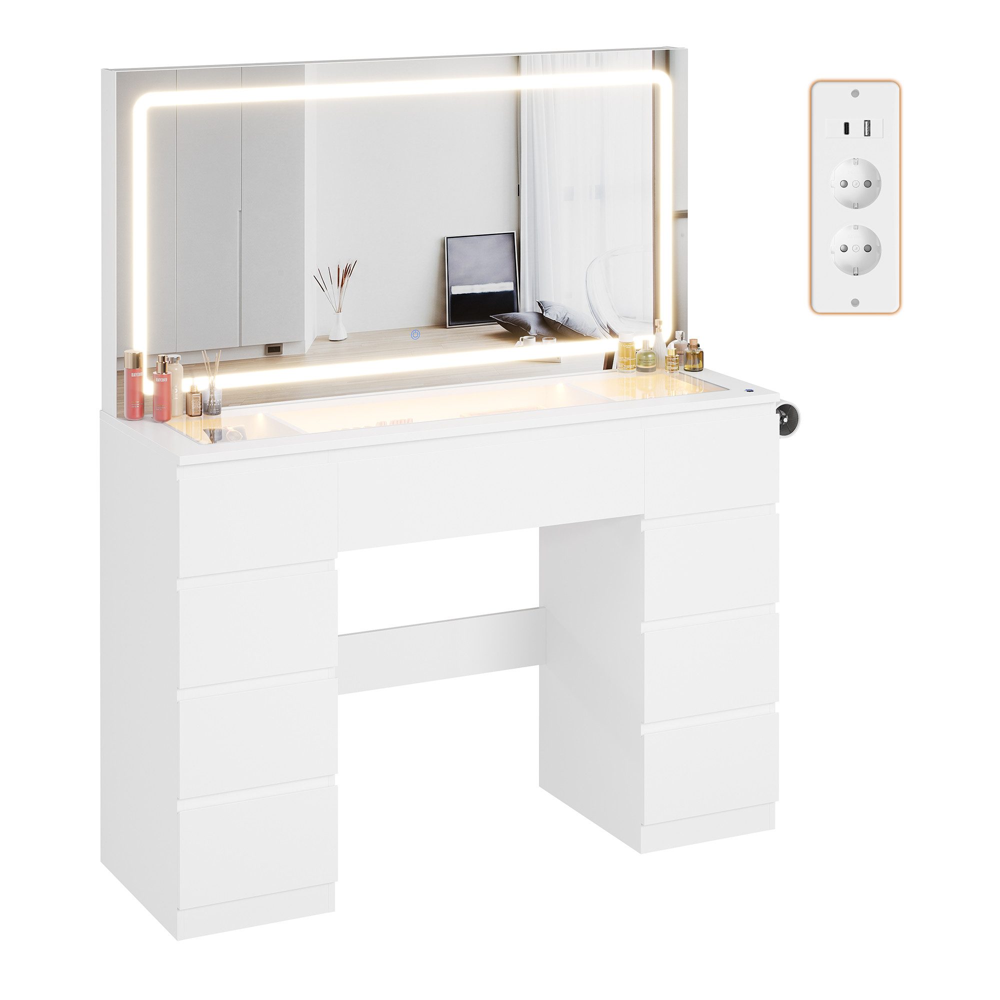 HOMALL Schminktisch Schminktisch Mit großer LED-Spiegelbeleuchtung und 7 Schubladen (MaBe: 115 x 40 x 139 cm, mit Stauraumbank, 2 Steckdosen, 1 USB-Anschluss,1 Typ-C-Anschluss,1 Fohnhalterung)