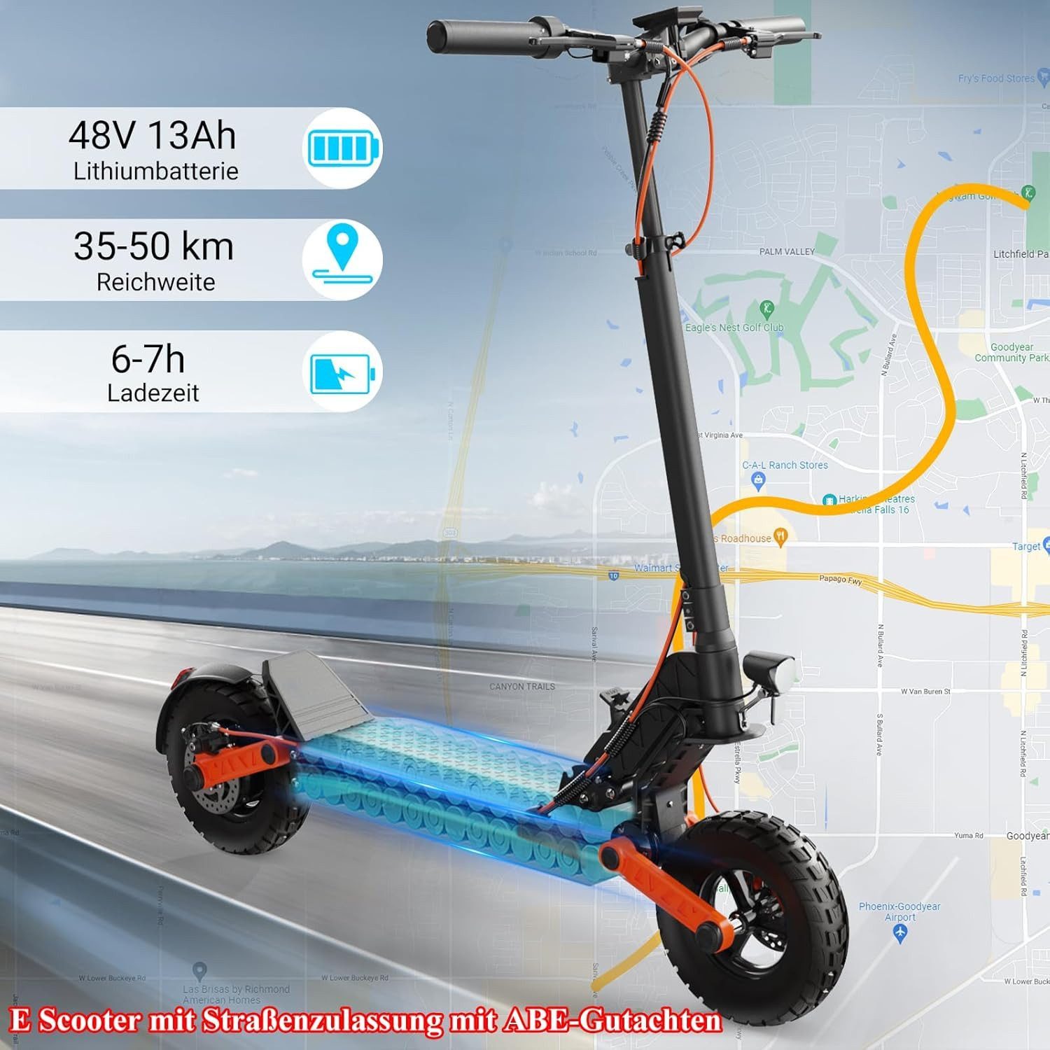 JOYOR E-Scooter Offroad Elektroroller S5 ABE mit Straßenzulassung 10 Zoll 624Wh 150 kg, 500,00 W, 20 km/h, 20 km/h, 500W, hohe Reichweite, vollgefedert, 150 kg Belastung