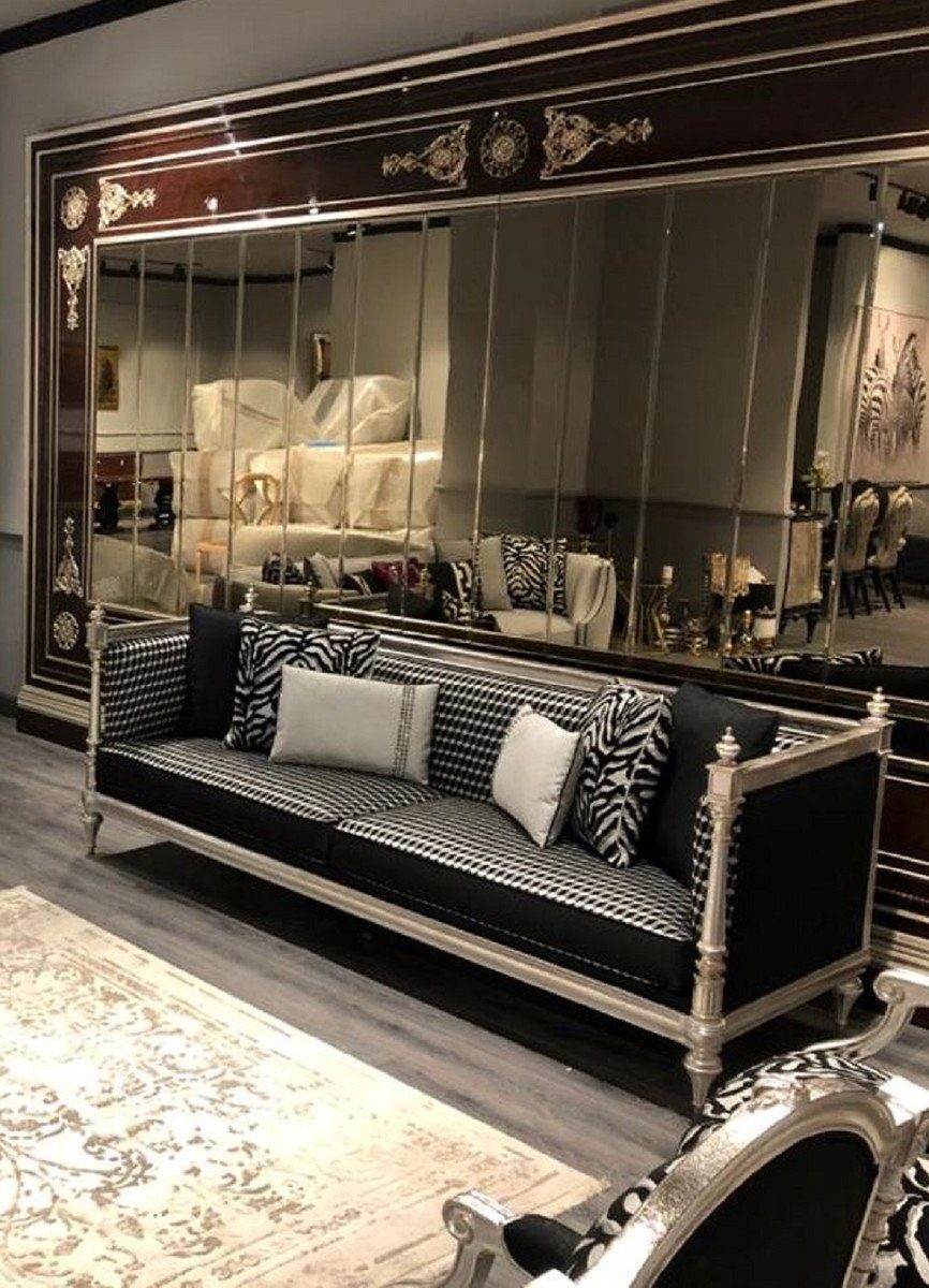 Wohnzimmer Barock Prunkvoll Edel / Muster mit elegantem Silber Sofa Luxus - Casa Silber / Sofa Sofa & Antik - Padrino Schwarz
