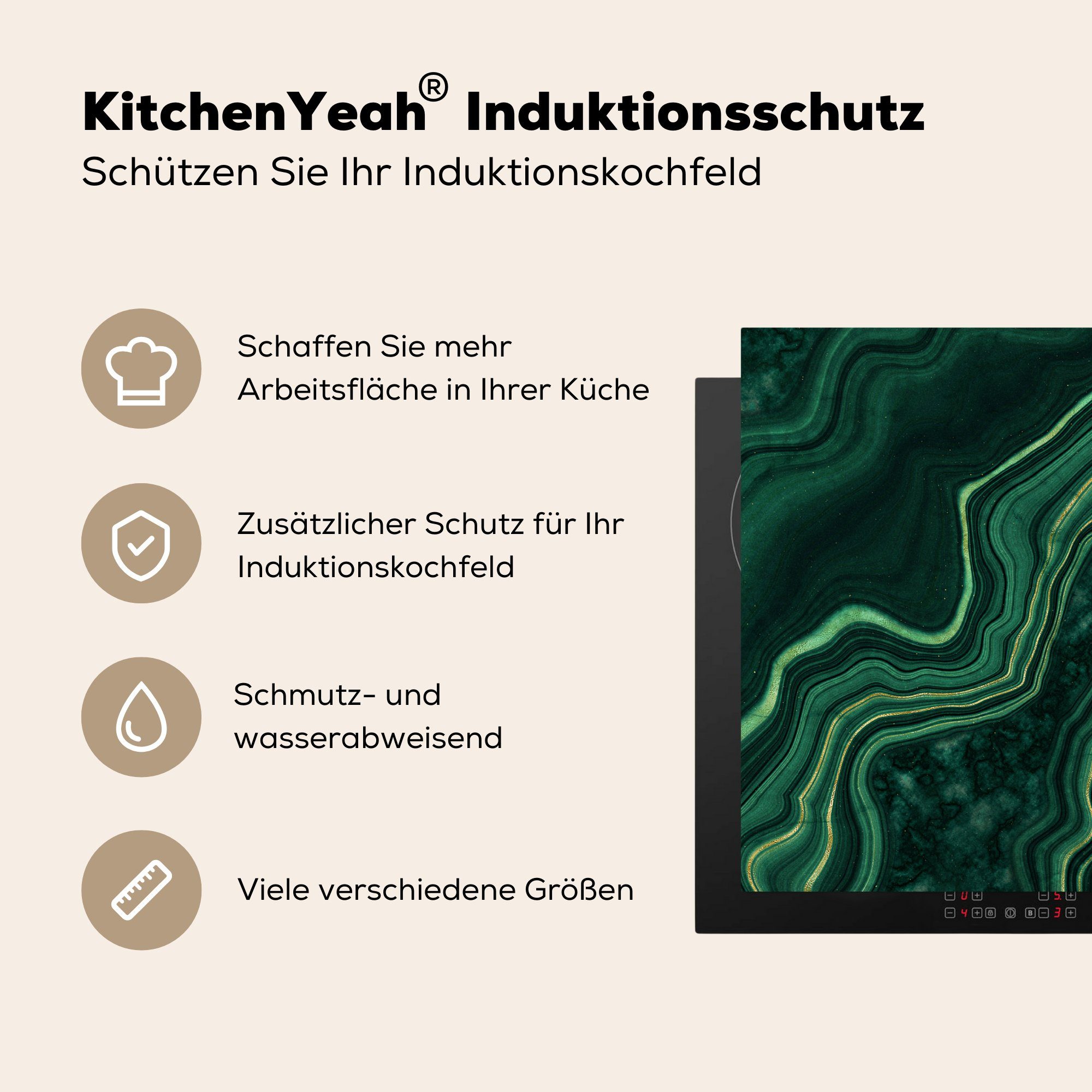 MuchoWow Herdblende-/Abdeckplatte Marmor Grün Arbeitsfläche - Vinyl, - 70x52 Mobile cm, nutzbar, Ceranfeldabdeckung (1 tlg), Gold