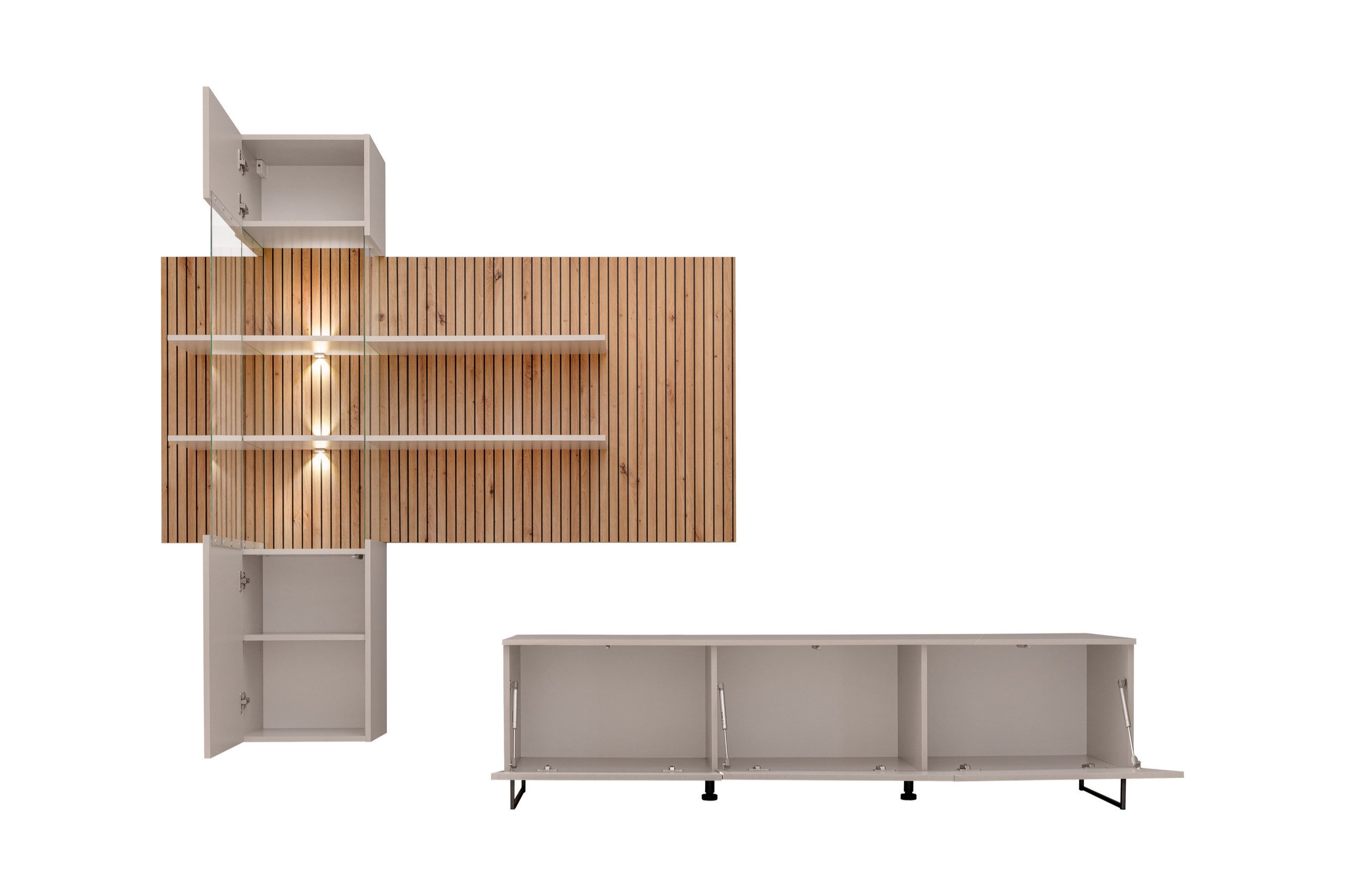 ASM-Moebel Wohnwand Wohnzimmer Schrankwand GUSTO LUX A mit Led B. Push - Click, Mit Led Beleuchtung, Push-Click System und Lemellen-Optik